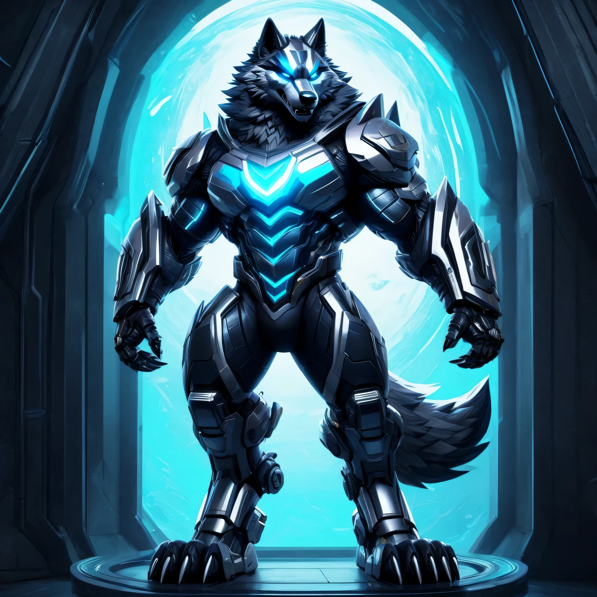 Cyber Wolf has a sleek and futuristic appearance, with a metallic silver body and robotic parts replacing his wolf-like features. He has sharp claws and teeth, as well as eyes that glow with an eerie blue light. He has a muscular and well-defined build, with rippling muscles and visible veins. He stands on two legs. his cock is about 9 inch's long and erect with knot at the base of it.