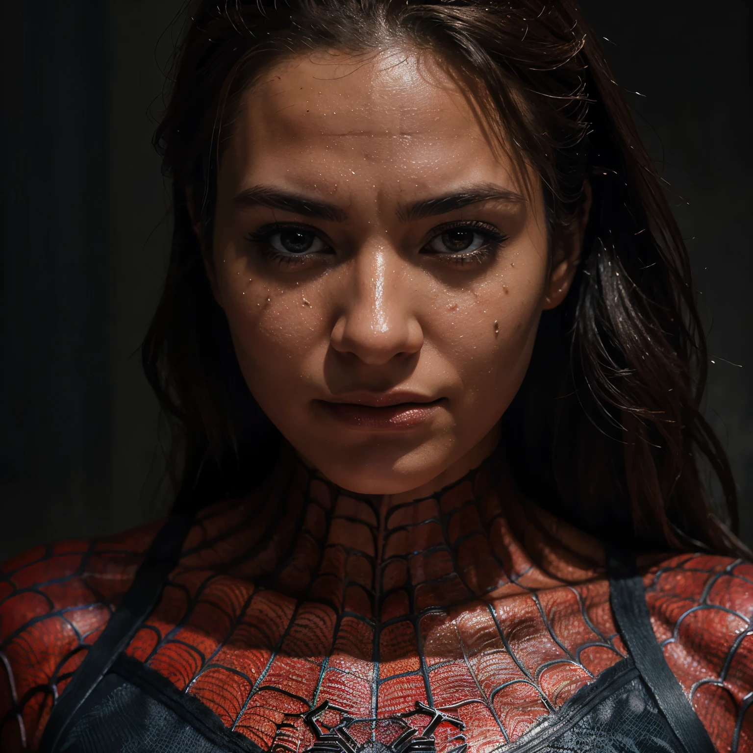 Close-up photo portrait of a Spiderman woman, atmospheric scene, chef-d'artwork, best quality, (beautiful detailed face, Detail of skin texture, Ultra detailed body:1.1),