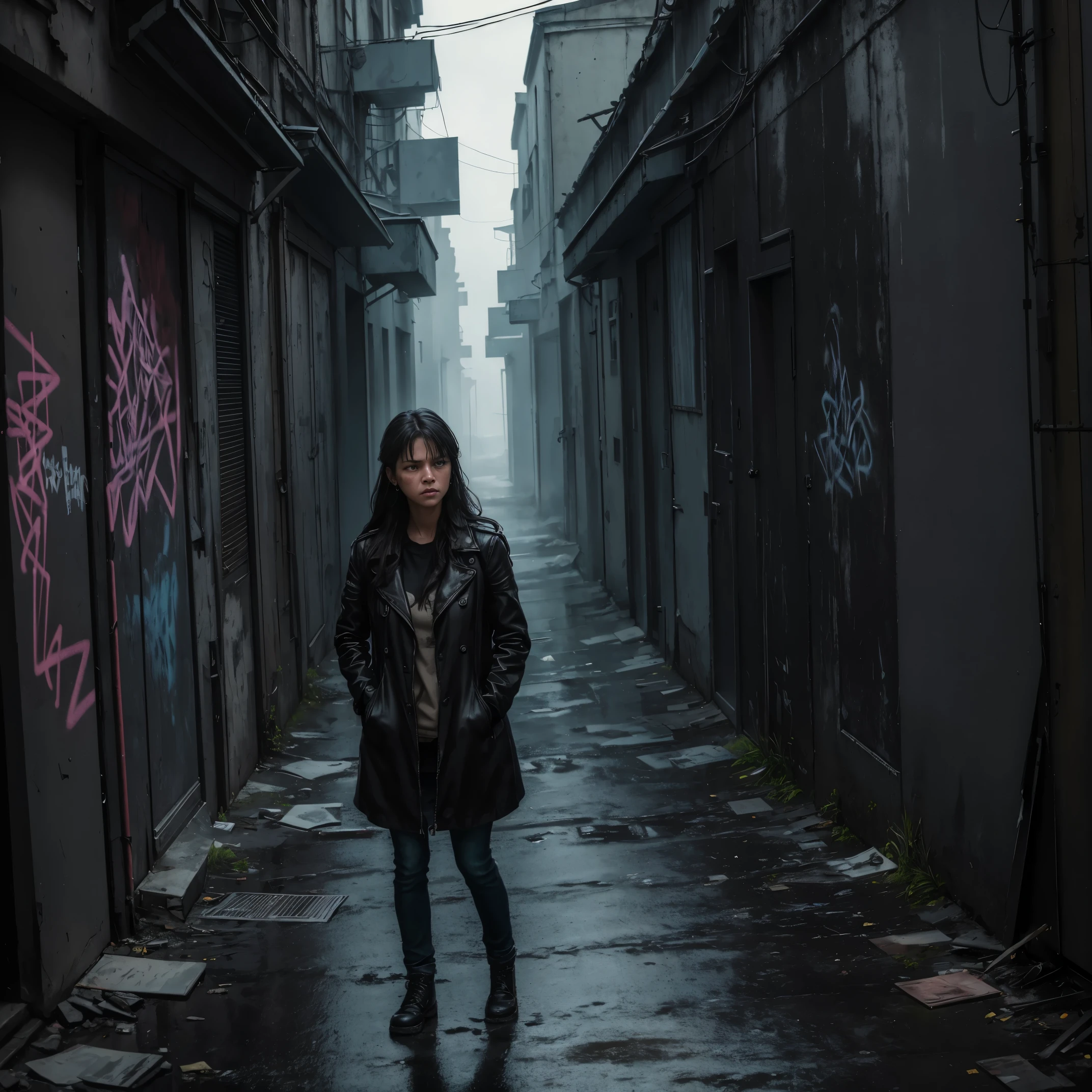 (best quality,4k,8k,highres,masterpiece:1.2),ultra-detailed,(realistic,photorealistic,photo-realistic:1.37),portrait,medium,detailed,emotion,crying woman,crying eyes,lonely,depictive,cold alleyway,dark atmosphere,Soviet-style alleyway,leaning to the building,night scene,streetlight casting a dim light,restrained colors,shadowy figures passing by,cracked walls,graffiti on the walls,slight fog,tears running down her cheeks,sorrowful expression,pain and despair in her eyes,tough life,stories hidden in the alleyway,forlorn,rough texture,distressed aesthetic,nostalgic mood,metaphorical,desolate surroundings,distant noise of footsteps,dramatic composition,poignant scene