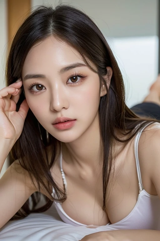 (best quality, 8K, At 32K, muste piece, ticker:1.Hotou of glamorous Japanese women, 1 girl, ((Big breasts that are about to burst :1)), (Slender body shape, perfect body :1.2), long: 1.1, No bra、Panty T only、 (Indian Earl, night time :1.2), Lie down on the floor,lying down、 seductive pose、Invite men、Super-detailed face, detailed lip, detailed eyes, double eyelid