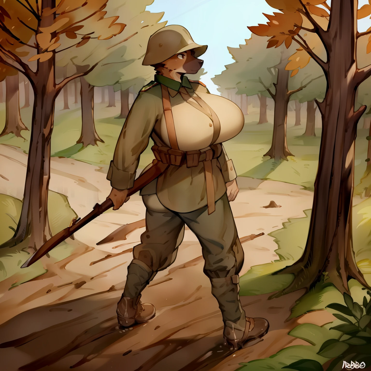 Solo, female, (((by bebebebebe))), standing, german shepherd, brown eye, huge breasts, in a forrest, day, dramatic lighting, wearing a ww1 german soldier uniform, holding a bayonet, covered in mud, huge ass,