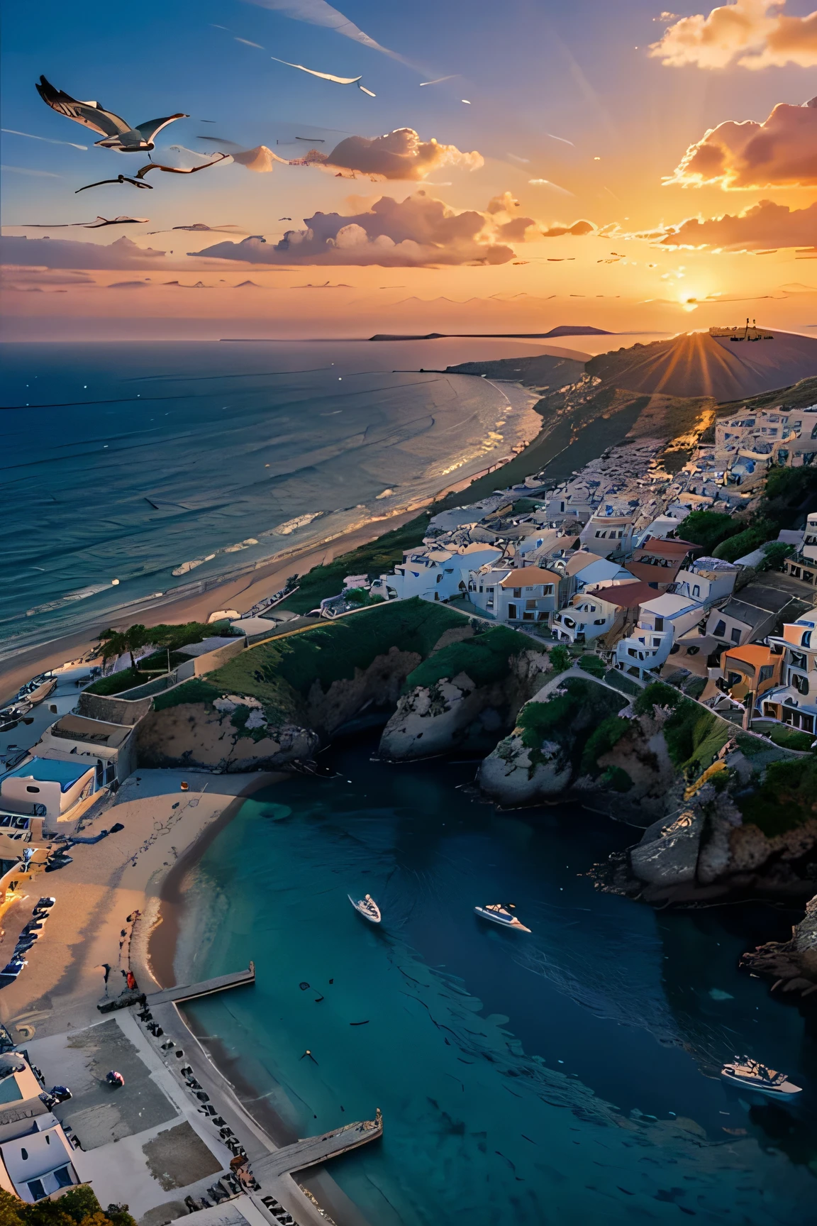Beautiful and dramatic Sunset of Greece town near the ocean extemely detailed with dolphins and seagulls