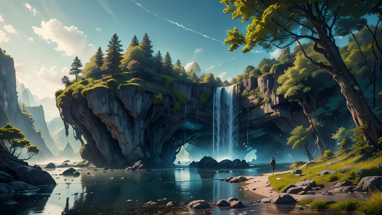 (best quality,4k,8k,highres,masterpiece:1.2),ultra-detailed,(realistic,photorealistic,photo-realistic:1.37),green land,barbarian setting,blue sky,natural lighting,forest,rolling hills,wildflowers,tranquil atmosphere,vivid colors,fantasy landscape,picturesque scenery,sunlight peeking through trees,serene river,captivating view,majestic mountains,mysterious aura,fresh air,sunlit meadow,wild animals,historical ruins,dimly lit caves,majestic waterfalls,cascading streams,nature's harmony,solitude,peaceful ambiance,barbarian architecture,ancient stone structures,peaceful coexistence,harsh wilderness,reclaimed by nature,untamed beauty,harsh landscapes,ancient folklore,magical creatures,distant horizons,hidden mysteries,awe-inspiring,adventurous spirit