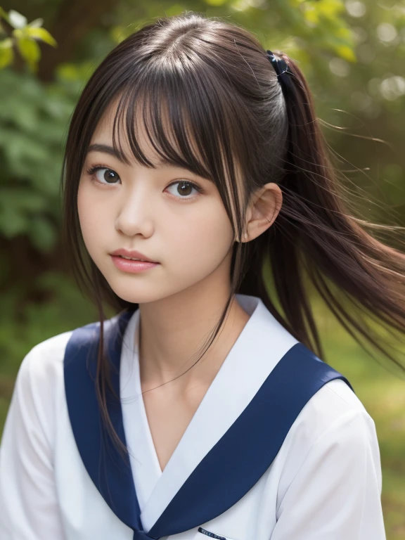 18-year-old schoolgirl in dark blue sailor suit (Japan Traditional Uniforms), Close-up of her face, Beautiful collarbone, Brown hair fluttering in the wind.