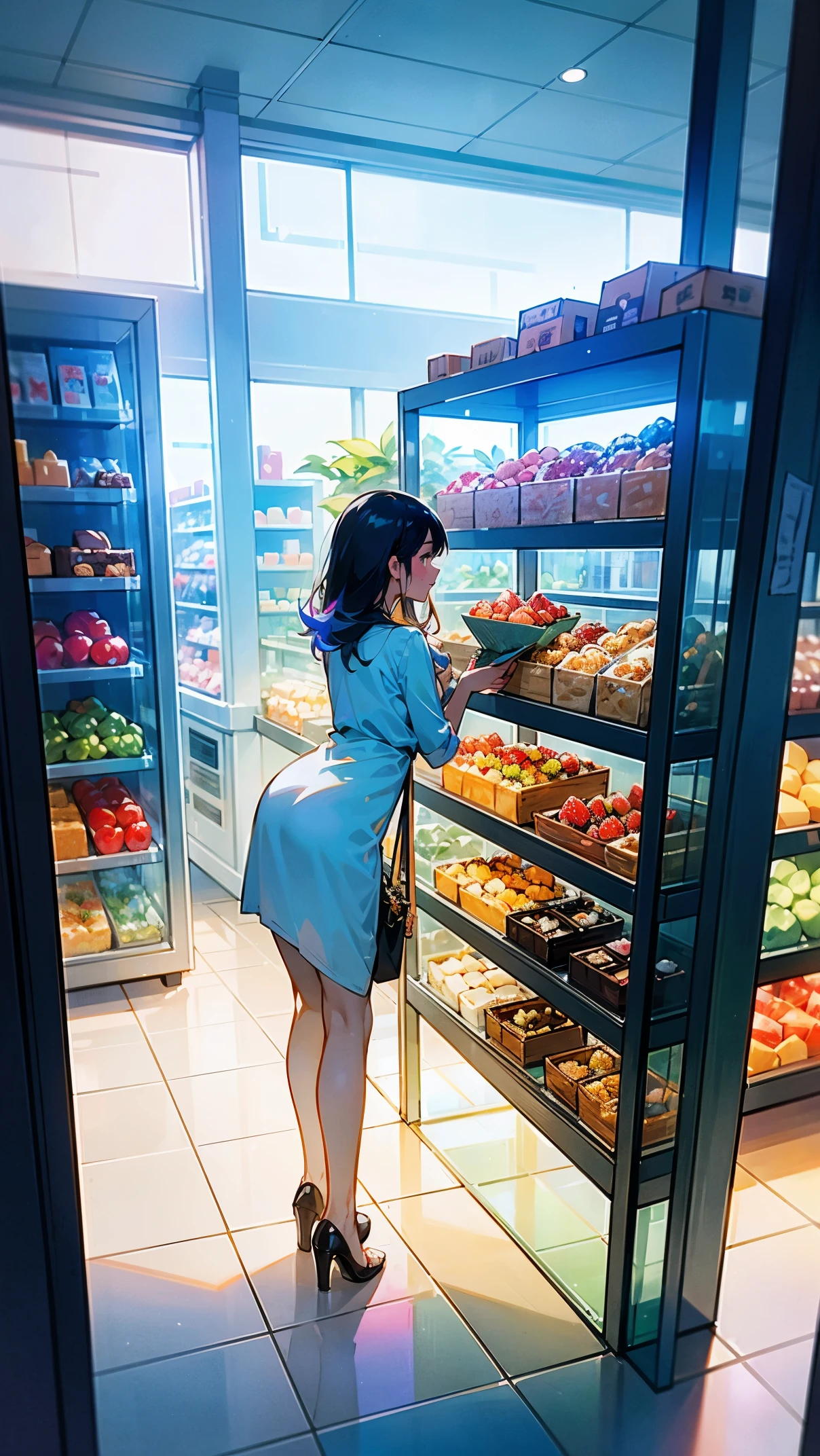 (best quality,ultra-detailed,realistic),glass door,food store,beautiful girl leaning her sexy back on the transparent glass,shopping,modern interior design,healthy food,organized shelves,colorful fruits and vegetables,soft lighting,window display,reflection,pristine cleanliness,crisp air conditioning,inviting atmosphere,shopping bags,positive energy,stylish clothing,fresh produce,enticing aromas,trendy beverages,chilled drinks,interacting with customers,busy cashier,friendly staff,smiling faces,convenience,comfortable temperature,delicious pastries,tempting desserts,artisan bread,attractive packaging,displayed prices,unique products,popular brand items,nutritional value,hygiene standards,pleasing aesthetics,indoor plants,vibrant floral arrangements,elegant wine selection,classic music,stimulating sensory experience