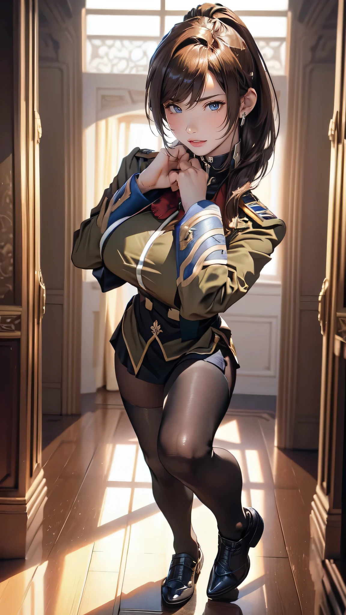 (((round face, looking away))), chibi-style, showing off her panties from her behind, (hitting her crotch against a corner of the table, pantyhose, holding her butt with her hand from over clothes for masturbation with sword-handle, getting orgasm), earrings, open legs, ((angle from behind, butt)), female general, ((eccentric pose)),