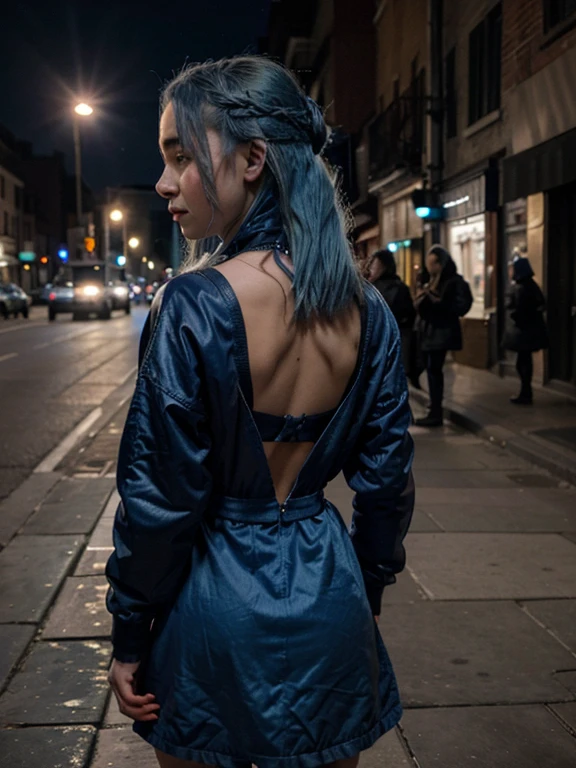 21 year old blue hair girl with face like Emilia Clarke walking on the street a night, only the back of her is visible