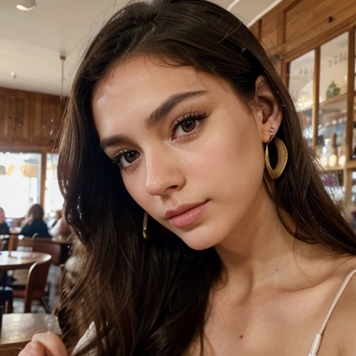 Photo of a 25 year old brunette woman, that has a very natural face, thin lips, thin eyes, thin eyebrows, thin nose, earrings, long eyelashes. She makes a cute selfie in a cafe