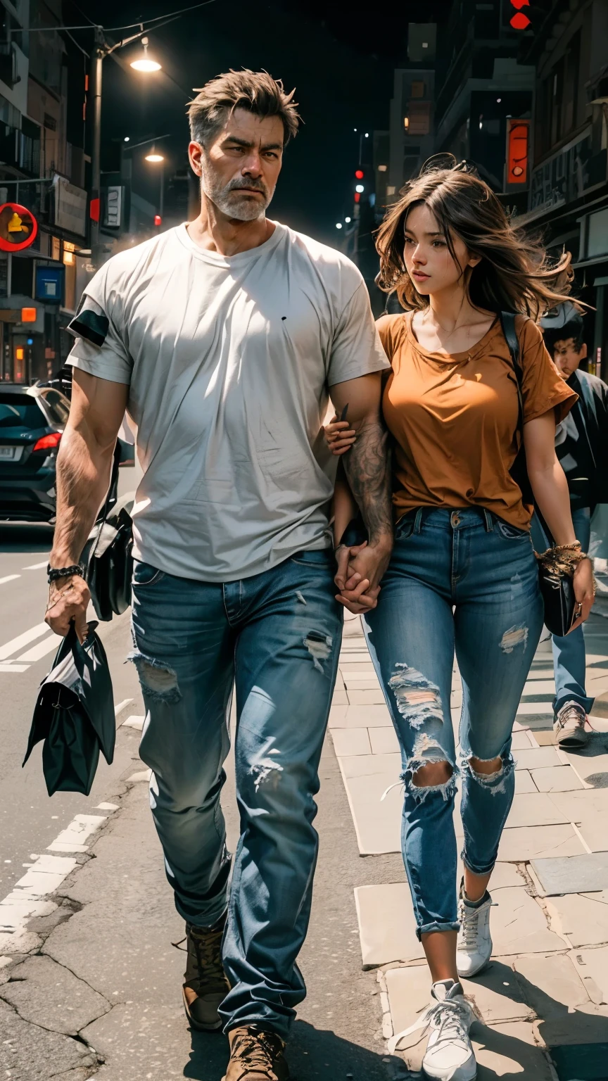 couple, full body, handsome older man, athletic build, white t-shirt, shirt and jeans, protecting his younger girlfriend with one arm, long brown hair, jeans, walking in the city at night.