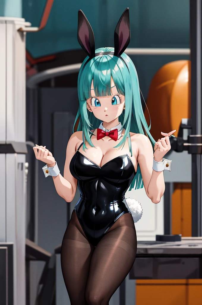 Solitary portrait, masterpiece, best quality, highres, dragon ball, blmlong, aqua hair, blunt bangs, long hair, bunny, rabbit ears, black pantyhose, red bowtie, wrist cuffs, black leotard latex, large breasts, pressing breasts, sexy pose
