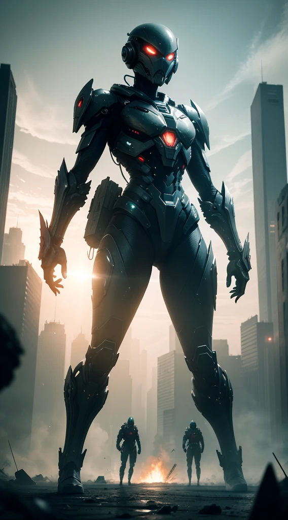 "Creepy and intense alien invasion scene with dark atmosphere, dramatic lighting, and intense action. Show powerful extraterrestrial creatures, advanced technology, destroyed cityscape, panicked civilians, and a sense of imminent danger. Generate an unsettling and immersive image that captures the chaos and terror of an otherworldly invasion. a group of humans wearing futuristic suits are fighting with laser guns, bloody war, The scene is extremely complex, extremely impressive with intricate details, extremely smooth displayed textures. Bright, sharp light" masterpiece, best quality, intricate detail, complex scenery, thrilling, dramatic action, 8k, hdr