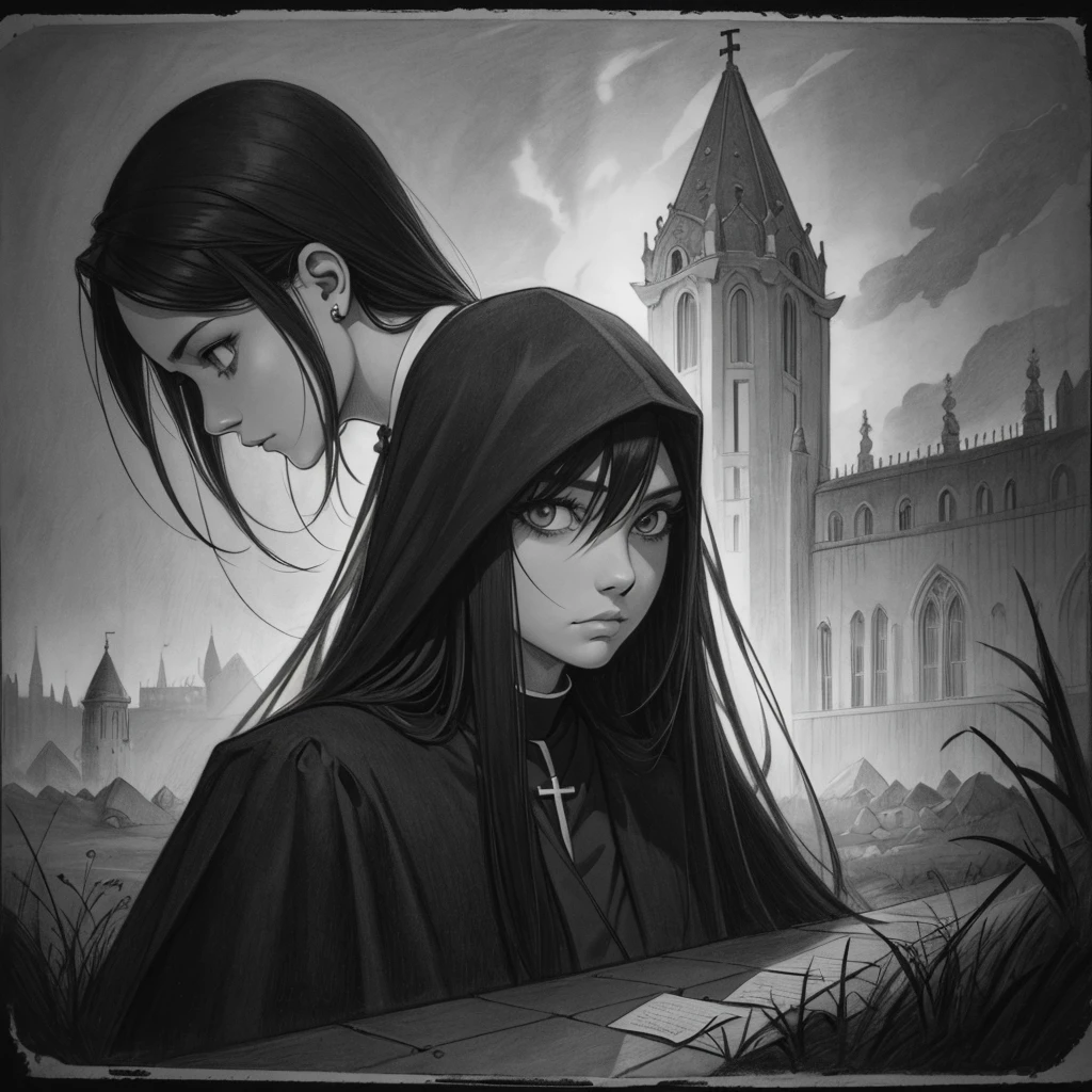 (coal risks), Umbrae Mortis (Latim): "Sombras da Morte." Evokes the sinister presence that precedes tragic events. Rabiscado, em folha de papel antiga. Gray monochromatic color scale, backdrop clerical symbols, profane symbols, simbolismo morte, simbolismo religioso, demonic symbolism, Monochrome graphite pencil drawing. Melancholy image, prelude, premonition
