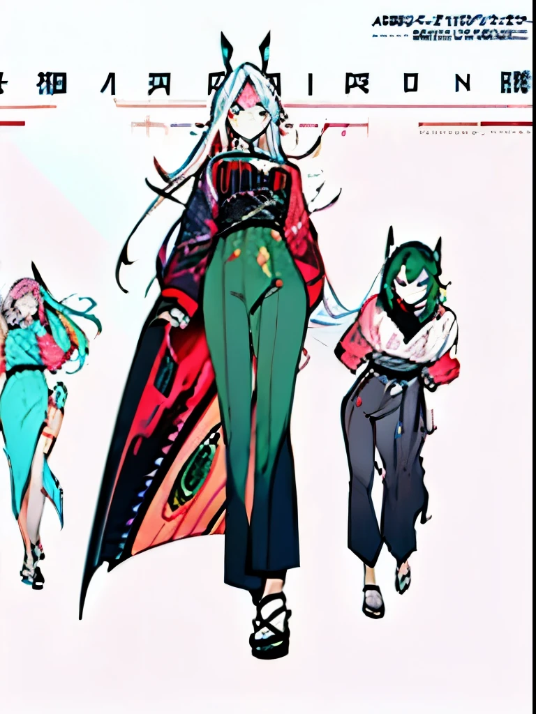 three girls, excellent lighting, side light, (winding: 1.2), vhs keeper, background, mixed speech_article, japanese doodle letters, Guilty Gear - Strive Style Perfect(flat color: 1.3), (magazine_cover: 1.4), (multicolored_background: 1.3), striped_background, card_background, :: Comics style and details by joe madureirfect, Super detailed shirt with abstract design, Japanese graffiti print on the side of the dress, Image of a full body woman fighting alongside a powerful dragon and an alien creature full of tentacles, With immersive effects, hover effect, background graffiti style tribal tattoo with vibrant colors "Ultra HDR" Detailed and focused, (masterpiece: 1.2, highest quality), (Beautiful detailed eyes: 1.2), , ((alone)), (eyes pink, red, green, belittle:1.4), (A detailed face with small eyes and long eyelashes:1.3), In various full body attack poses, (cute background:1.2),futuristic costume, Super detailed circular metal that clings to arms and pants, fantastic paintings