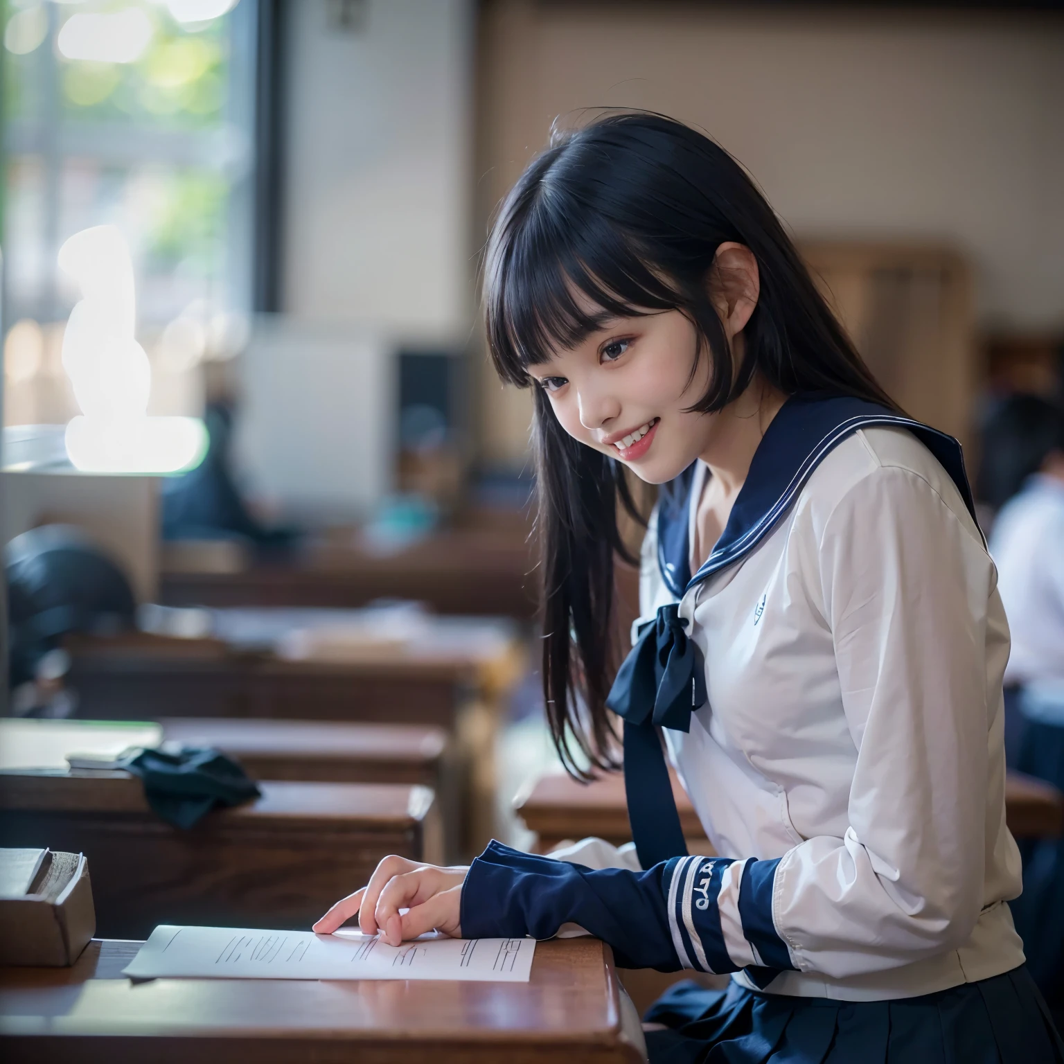 masterpiece、highest quality、super realistic、surreal、Ultra high definition、8k、Raw photo、textured skin、A Nogizaka girl sleeping on a desk,(,medium bob hair,bangs,black hair,floating hair,slim,small face,chest is small,thin waist,small ass,smile showing teeth:1.5)、(sailor uniform long sleeve school uniform、dark blue pleated skirt、super short skirt、white panties:1.5)、dynamic pose、classroom、(Natural light、strong sunlight、Moving the chart, film grain、profile、profile、It's blurry、cowboy shot、very wide shot、letterbox、negative space、Sigma 85mm F/1.4)、finder