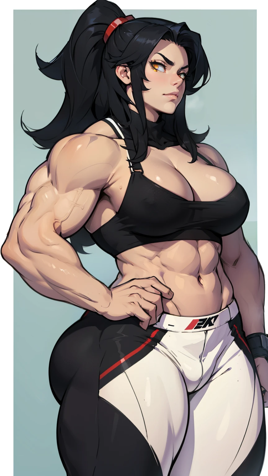 (((muscular girl thick breasts))) black hair yellow eyes pale