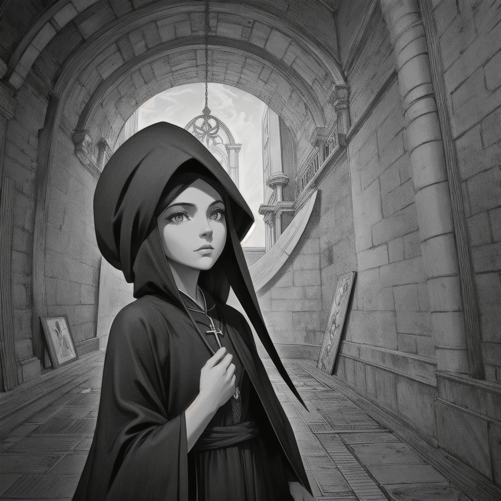 Umbrae Mortis (Latim): "Sombras da Morte." Evokes the sinister presence that precedes tragic events. Rabiscado, em folha de papel antiga. Gray monochromatic color scale, backdrop clerical symbols, profane symbols, simbolismo morte, simbolismo religioso, demonic symbolism, Monochrome graphite pencil drawing. Melancholy image, prelude, premonition