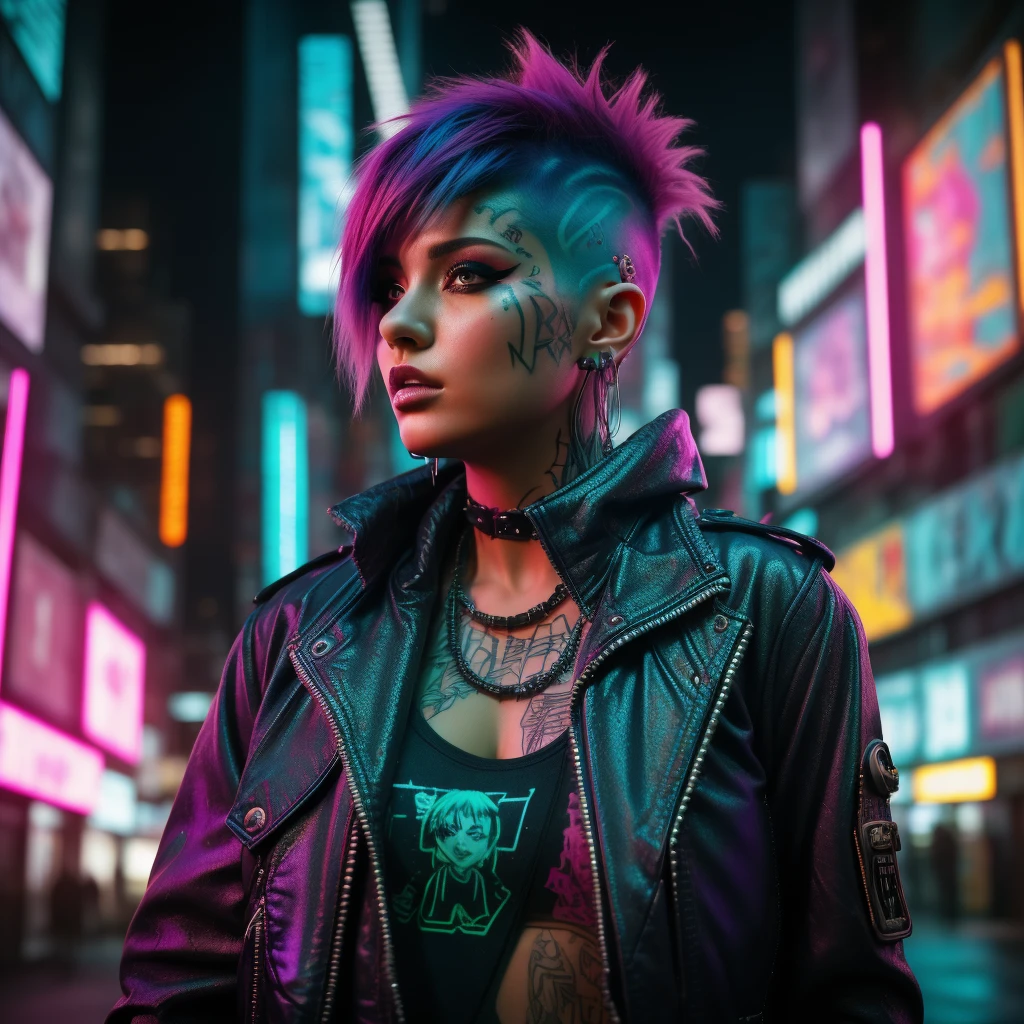 A photo of a female with a vibrant purple undercut hairstyle, contrasting against her pale complexion. She wears a combination of futuristic and punk-inspired fashion, donning a leather jacket adorned with glowing neon patches and spiked accessories. Against a backdrop of a dilapidated cyberpunk cityscape, she leans against a graffiti-covered wall, holding a spray can and adding her rebellious mark to the  landscape. Epic character composition, sharp focus, and natural lighting. The subsurface scattering effect adds a touch of ethereal glow, while the f2 aperture and 35mm lens create a perfect balance of depth and detail. 7cy6er7p0nk9