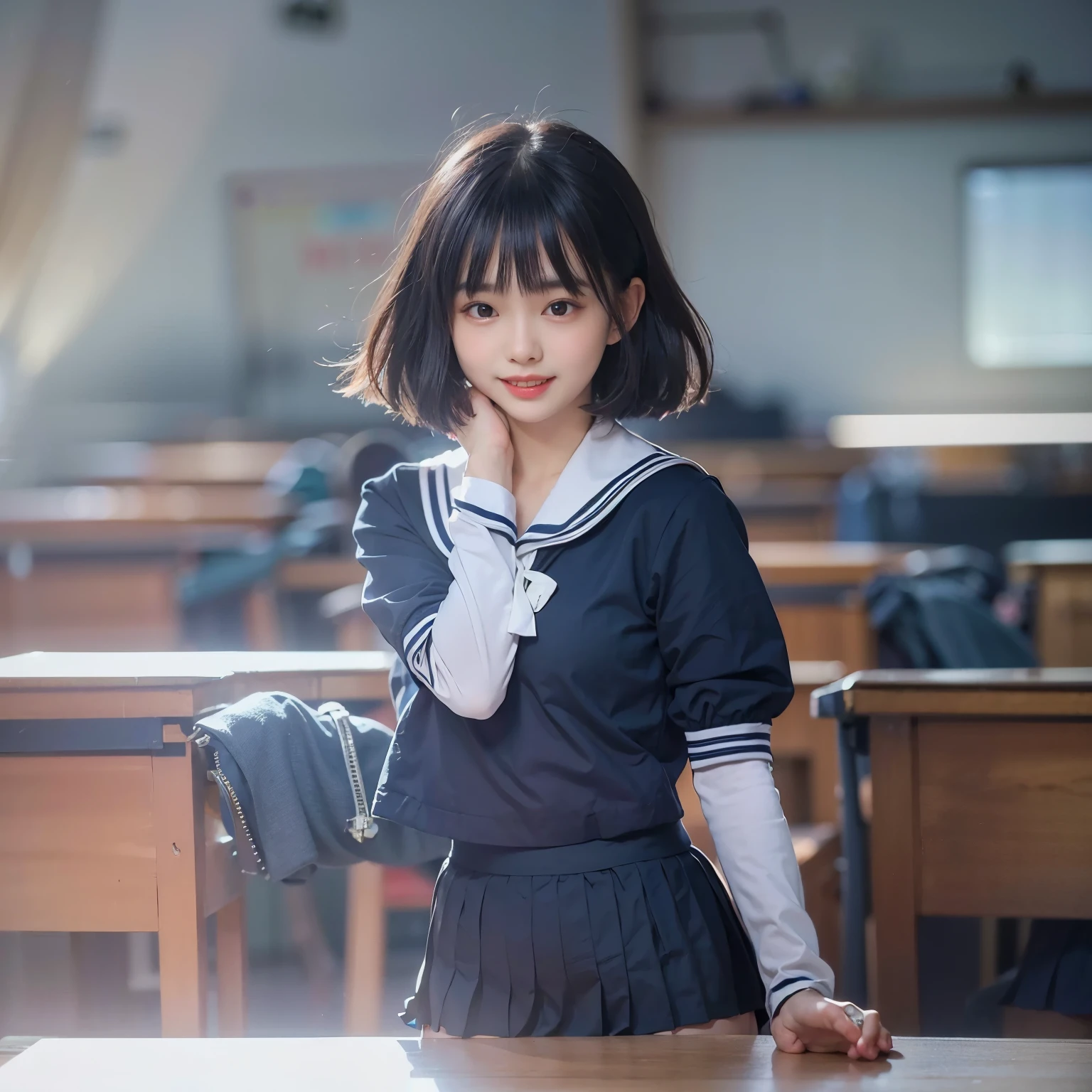 masterpiece、highest quality、super realistic、surreal、Ultra high definition、8k、Raw photo、textured skin、One Nogizaka girl,(,medium bob hair,bangs,black hair,floating hair,slim,small face,chest is small,thin waist,small ass,smile showing teeth:1.5)、(sailor uniform long sleeve school uniform、dark blue pleated skirt、super short skirt、white panties:1.5)、dynamic pose、classroom、(Natural light、strong sunlight、Moving the chart, film grain、profile、profile、It&#39;s blurry、cowboy shot、very wide shot、letterbox、negative space、Sigma 85mm F/1.4)、finder