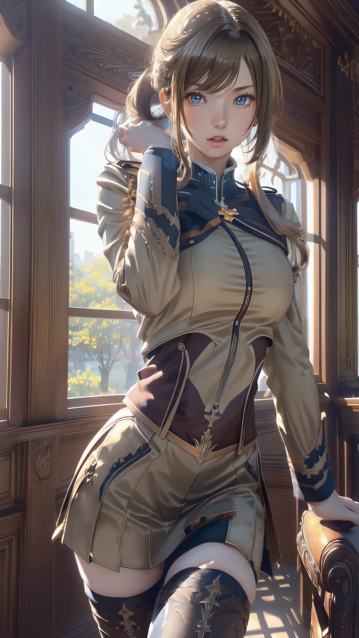 whole body,(random active pose),1 girl,(highly detailed skin),(winding),(small),beautiful breasts,(big breasts),white skin,pointed chest,erect nipples,(fantasy art,best image quality,hyperrealist portrait,(8k),surreal,最high quality, high quality, High resolution, high quality texture,high detail,beautiful details,Detailed,Very detailed CG,Detailedテクスチャー,realistic expression of face,masterpiece,presence,dynamic,bold),ponytail,(super thin hair),(super soft hair),(ultra straight hair:1.5),long flowing bangs,Extra bright coppery amber hair,hair above one eye,dressed,(Military Academy Uniforms:1.5)