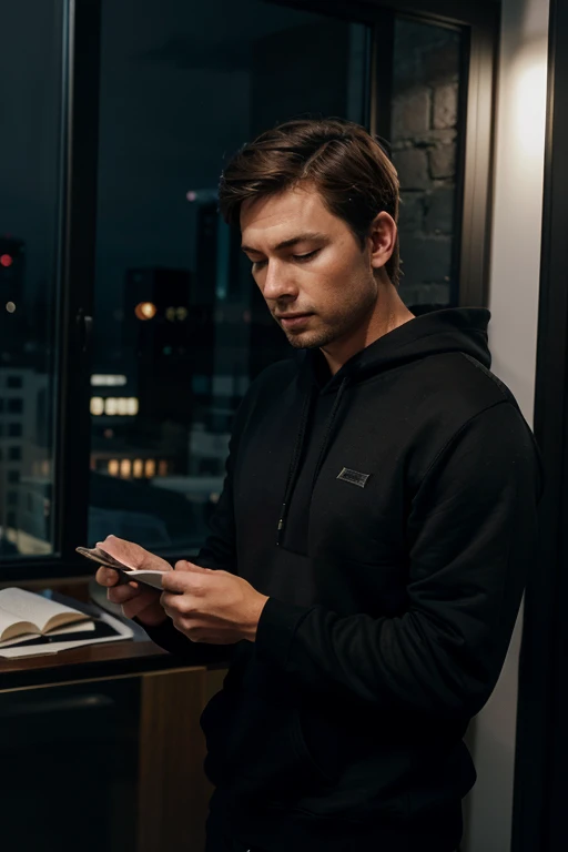 Realistic image of a man with short, brown hair, wearing a black sweatshirt, eyes closed, walking, mouth ajar, with nothing in his hands, in a night office, night buildings in the landscape through the window