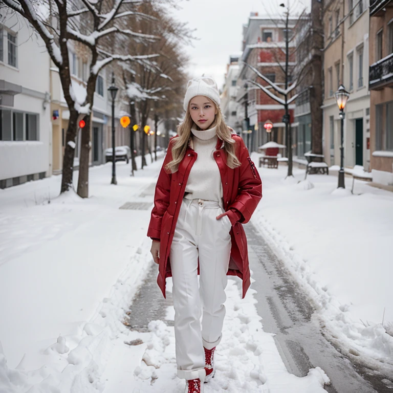 Femme blonde, arafed woman in manteau rouge and white pants walking down a snowy street, rouge et blanc, porter une tenue rouge, les humains du style new-yorkais, wearing manteau rouge, dans la neige, tout le corps:: neige dehors::, cool manteau rouge, manteau rouge, couvert de neige, porter des vêtements rouges, rouge et blanc colors, anna nikonova aka newmilky