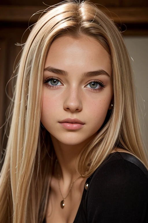 1Girl 13 years old, nur, Lange Haare, boobplate, Blick auf den Betrachter, blondes Haar, braune Augen, Schmuck, full entire body, Halskette, nackt, skinny, Lippen, realistisch, Nase, Flirten mit der Kamera