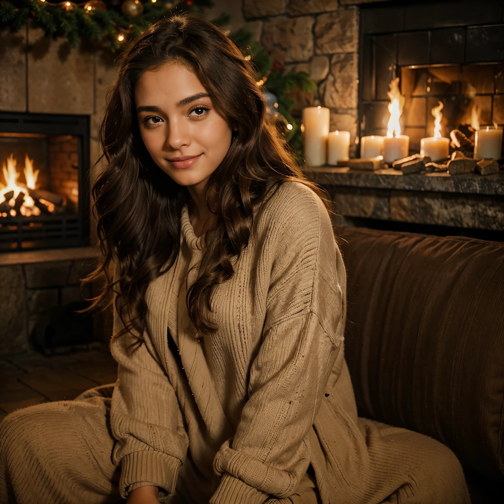 night shot of 22 year old Latina beautiful model, wearing cozy outfit, sitting infront of fire, long curly brown hairs, hazel eyes, cozy background, happy face, realistic photography
