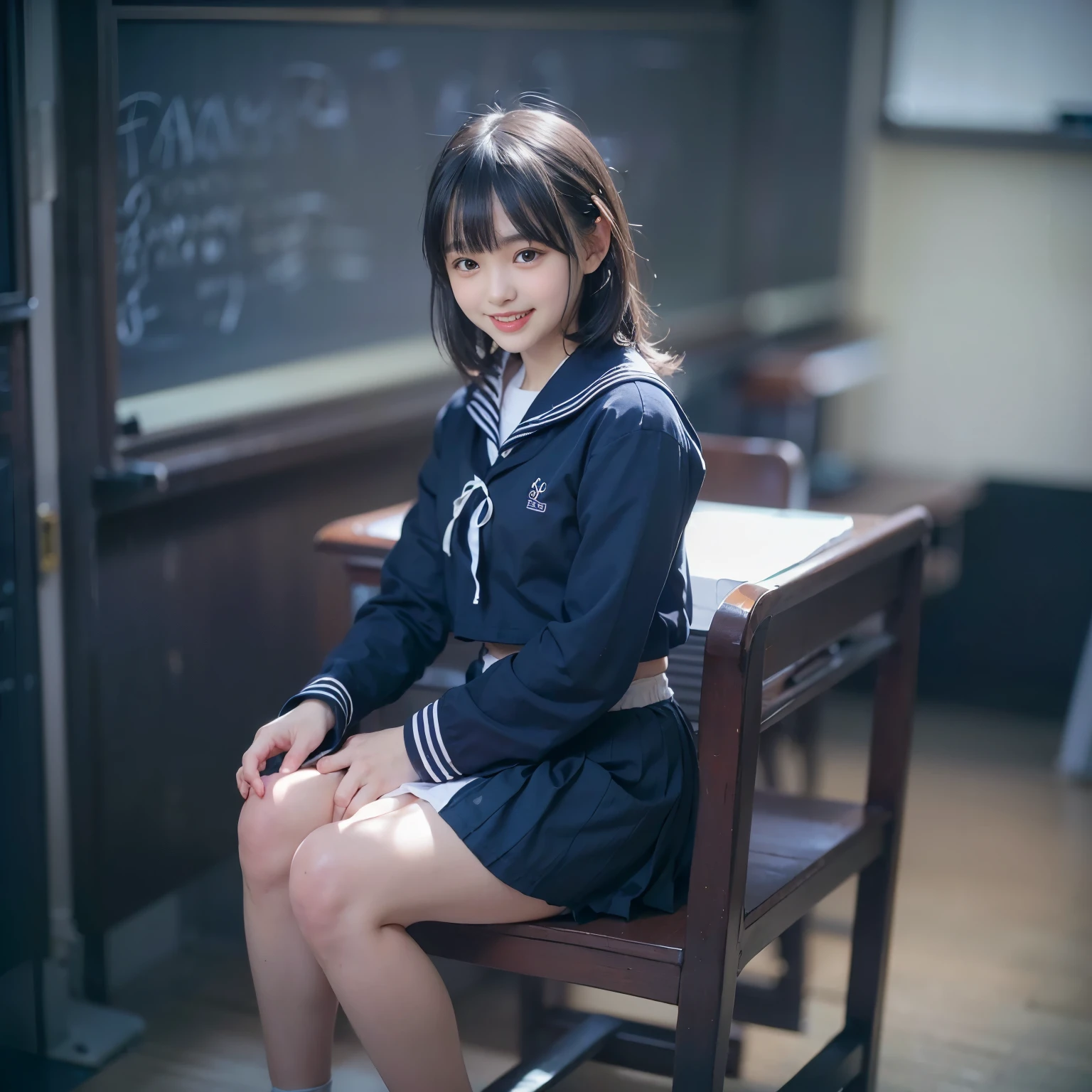 High school girl 18 years old wearing a light blue miniskirt uniform、winter classroom