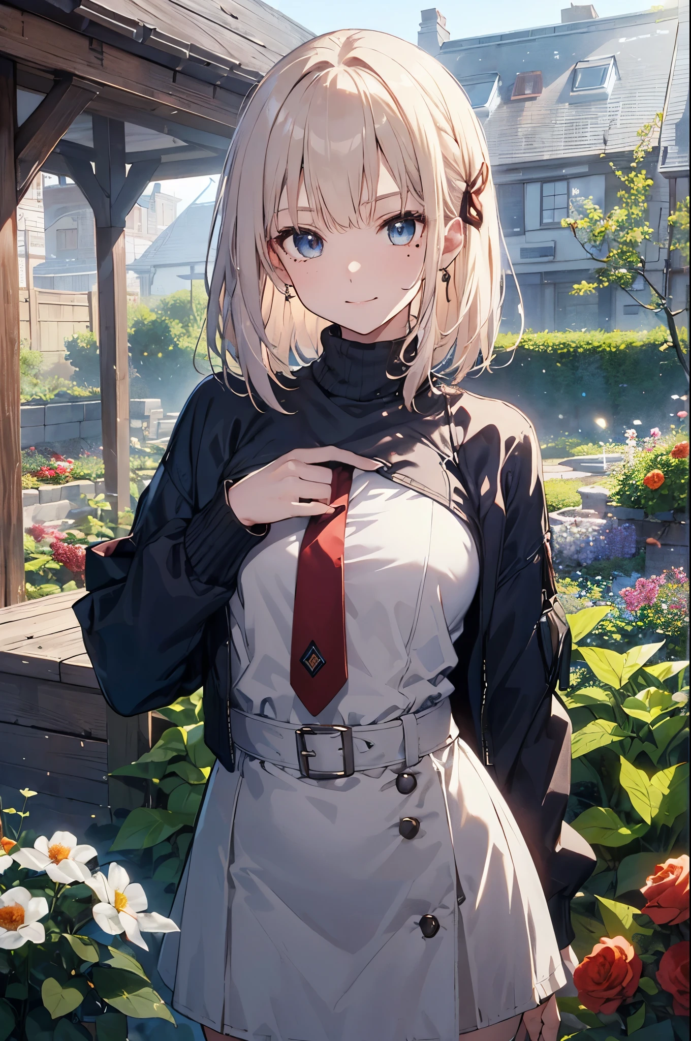 （mean looking girl:1.3）、(daytime:1.5)、(and chest:1.4)、Raw photo, highest quality, High resolution, (masterpiece), (photoreal:1.4), (mole under eye),anime , sharp focus, nffsw, 8K resolution, intricate details, Depth of the bounds written, Highly detailed CG Unity 8k wallpaper, with front light, woman,25 years old、 smile,(tie hair:1.5)、See-through、(medium hair)、blue eyes,(garden:1.5)、(turtleneck knit jacket:1.3)、(full body description)、winter atmosphere、pay for work、End of year、end of work、fun atmosphere