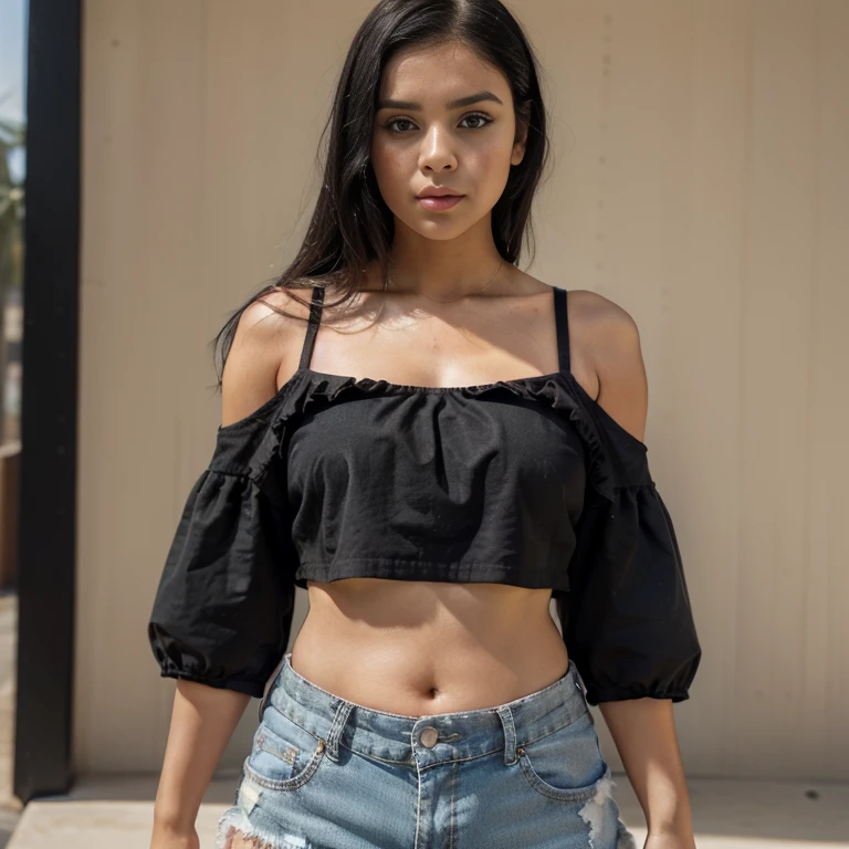 girl, small bust, cinnamon complexion, straight black hair, Ruffled Crop Tops, Patchwork Shorts, rectangular body, wide shoulders, round face, thick lips, long lips, fat belly, round belly, Daily life,
