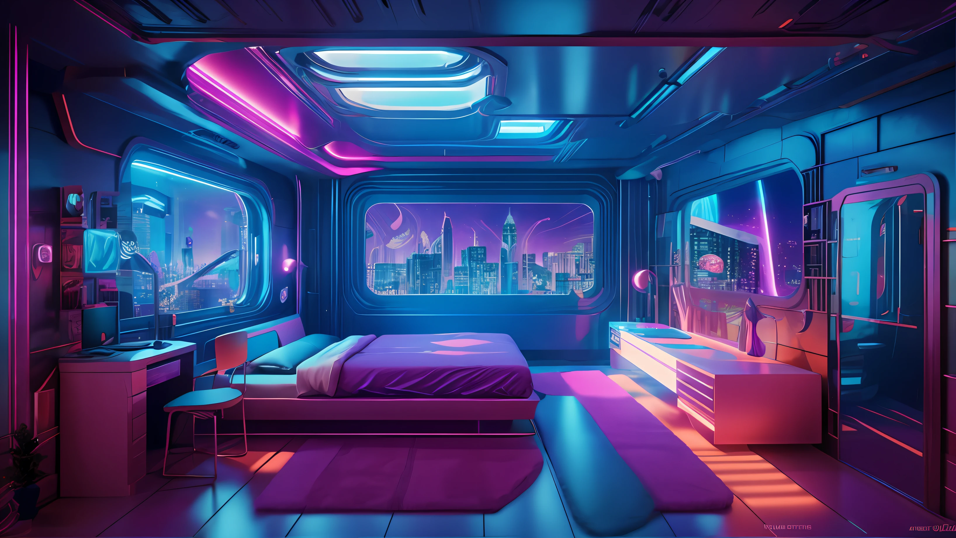 ((obra de arte)), (ultra-detalhado), (detalhes intrincados), (8k high resolution CGI art), Create an image of a woman's bedroom with dim lighting. One of the walls should have a large window with a busy area, colorida, e paisagem urbana cyberpunk detalhada. Estilo futurista com muitas cores e luzes LED. A paisagem urbana deve ser extremamente detalhada com profundidade de campo. Use atmospheric lighting to create depth and evoke the feeling of a bustling futuristic city outside the window. Pay close attention to facial details, como intrincados, contrata olhos e detalhes do quarto.