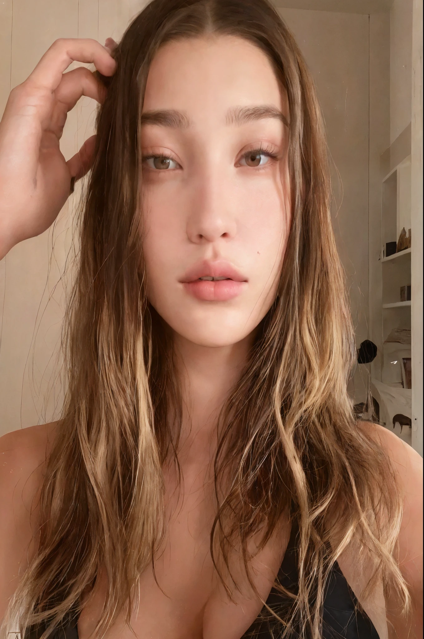 a photograph of (1girl, 21 years, slight smile),, Alone, realist, Brown hair, green eyes, Lips, white skin woman, closed Lips, looking at the viewer, exhausting (high neck dress,sleeveless)