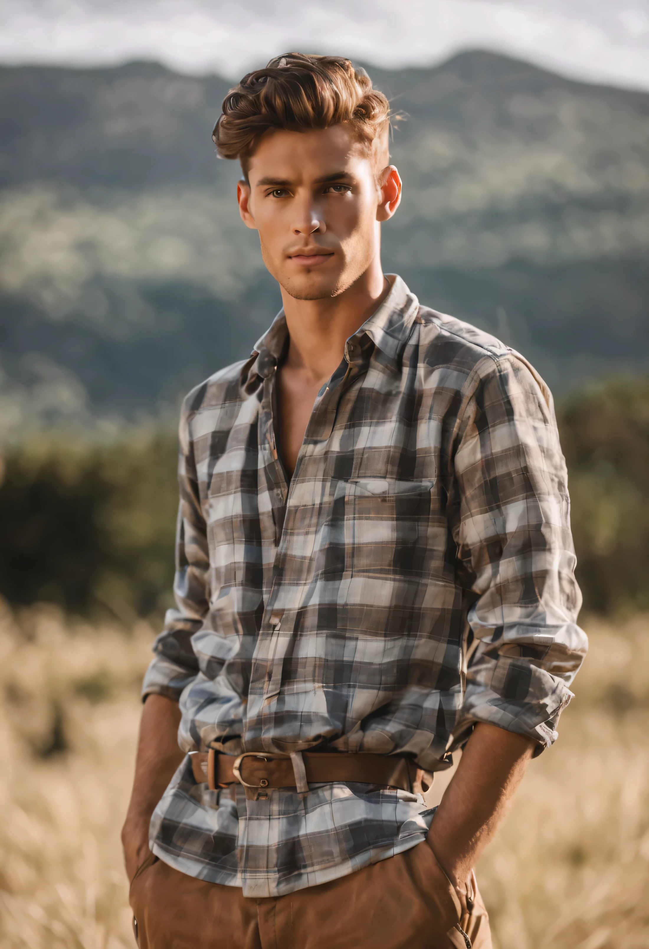 a handsome young boy aged around 30 with white complexion with medium built wearing flanel shirt with french crop hairstyle