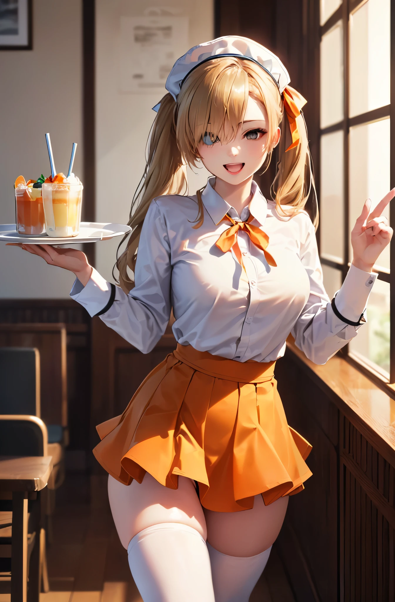 (muste piece:1.5)、(highest quality:1.5)、(16k wallpaper:1.2)、(photorealistic:1.2)、(Super detailed:1.2)、(ultra high resolution:1.2)、(Highly detailed and realistic skin:1.2)、(Very detailed and clean sharp eyes:1.2)、(Full Orange High Waist Ruffle Layered Mini Skirt:1.5)、(the skirt is widening)、(orange ribbon on shirt:1.5)、(orange waitress costume:1.2)、(Leaning forward)、(Carrying a parfait with a tray:1.3)、(At a family restaurant with many male customers.)、beautiful sunlight from the window、(woman with slender figure:1.2)、(beautiful 18 year old woman:1.2)、beautiful eyeliner、eye shadow、natural color lip、(Long blonde twintails that cover one eye:1.2)、chest is medium、The best smile with open mouth、(pure white collared long sleeve shirt:1.2)、(pure white knee high socks:1.3)、(White beret:1.3)、upward glance、Seen from above