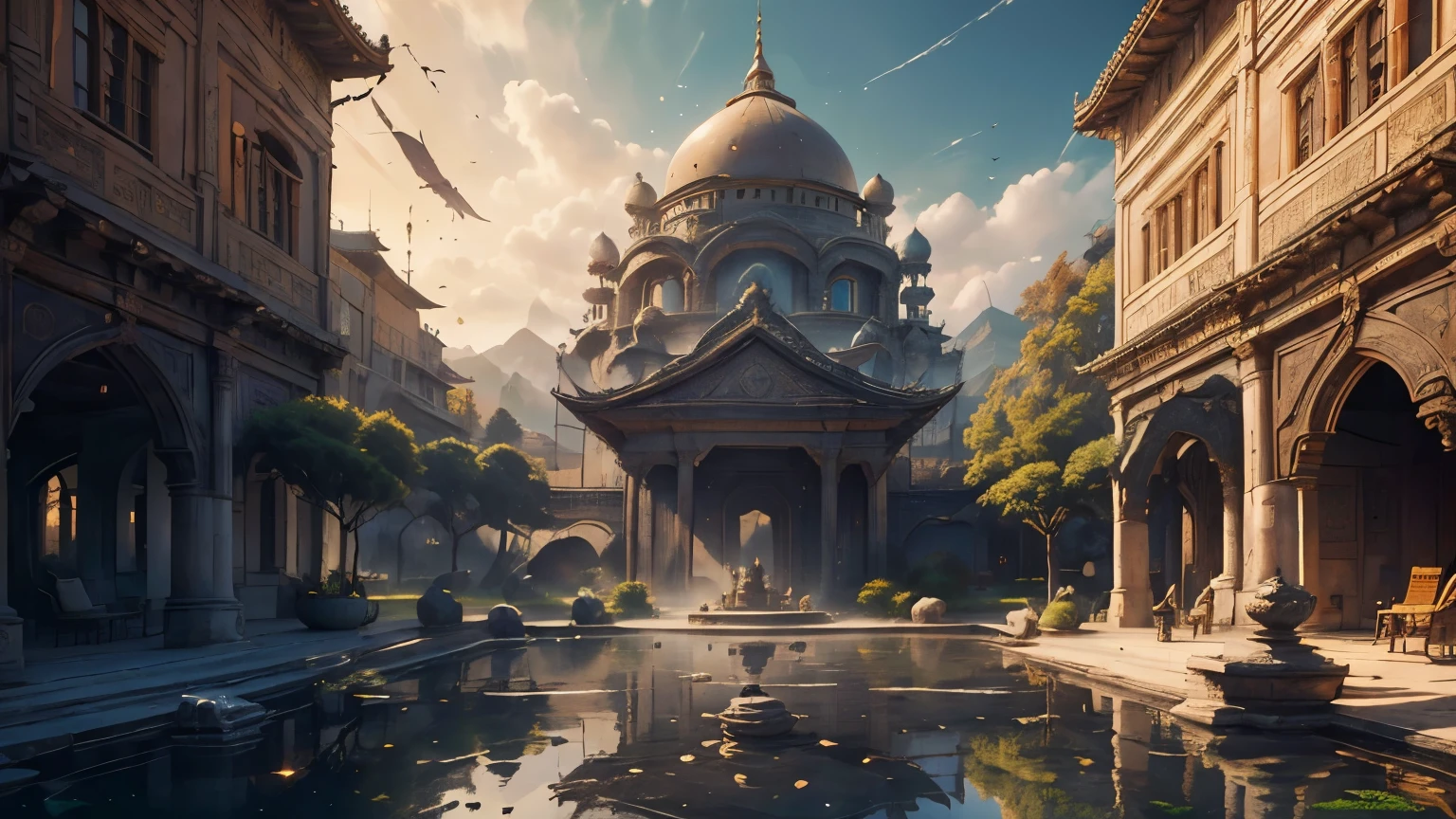 (best quality,4k,8k,highres,masterpiece:1.2),ultra-detailed,(realistic,photorealistic,photo-realistic:1.37),ancient city,temples,holy land,barbarian setting,golden statues,sacred rituals,mythical creatures,elaborate architecture,majestic gate,serene atmosphere,timeless beauty,mystical aura,enchanted gardens,flickering torches,glimmering moonlight,sacred music,ancient scriptures,whispers of history,divine intervention,grandeur and reverence,spiritual pilgrimage,majestic panorama,ancient wisdom,ritualistic ceremonies,authentic stone carvings,exotic tapestries,ornate altar,symbols of divinity,terra cotta warriors,marble pillars,healing fountains,serpentine pathways,sun-kissed rooftops,rustic dwellings,brilliantly colored murals,tranquil reflection pools,distant echoes of prayers,floating incense,marvelous craftsmanship,charming market stalls,distant mountain range,symphony of nature's sounds,cobbled streets,humble abodes,enchanted skyline,lost in time,sacred texts,ancestral spirits,spiritual aura,echoes of ancient chants,harmony and balance,splendid ruins,endless horizons,vibrant bazaars,sun-drenched courtyards,celestial energy.