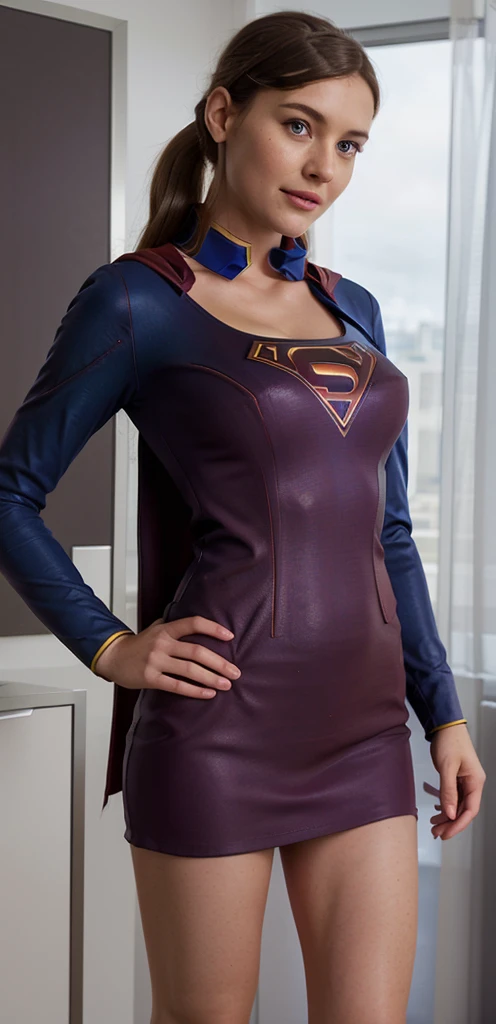 Full body, whole body, 1 girl, Hires, uniform, path to transformation, flight attendant uniform smoothly transforms into Supergirl costume,