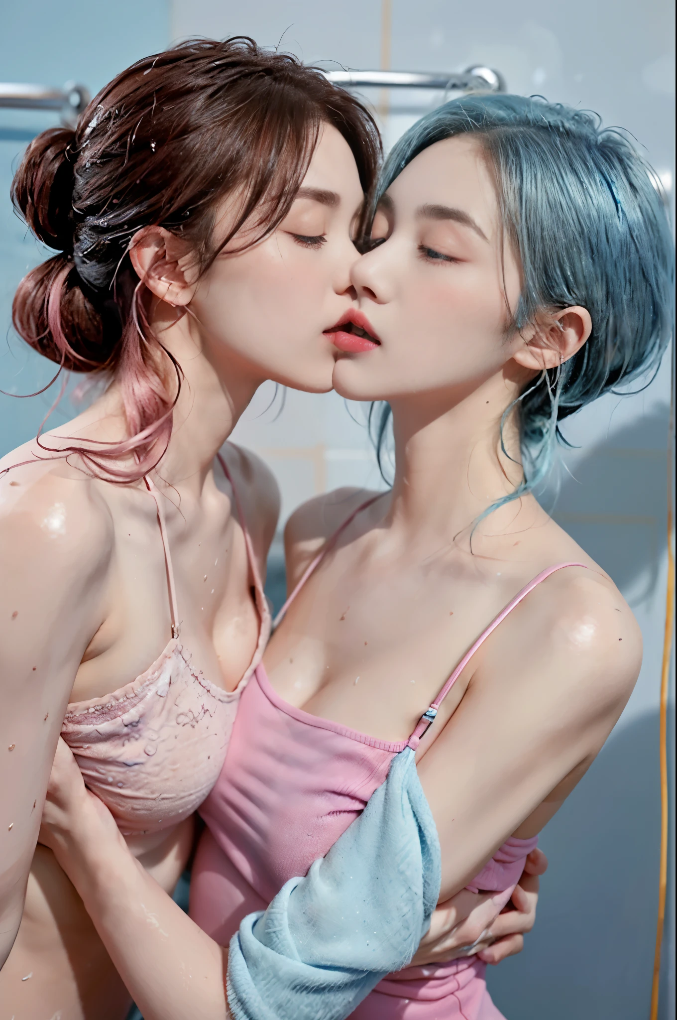 ​masterpiece, top-quality, Hi-Res,((( 2girls))), ((Yuri)), ((the kiss:1.4)), (French Kissing), red blush:0.2, closed her eyes:0.5, (tongue), (Saliva), ((Touch)), hand on the breastustup、bulging bust top、(pink brassiere)、Light Blue Bra、(Brown skin)、Whitening skin、(Pink hair)、(Light blue hair)、long eyelashes、(The voluminous lips)、lips 、Slender eyeig eyes with double eyelids)、a short bob、poneyTail、Ear-piercing、Blue eyerown eyes、round and big buttocks、toned little buttocks、(Pointed bust top)、((the whole body is wet))、beatiful backgrounds、Shower on the wall、Shower room、((Heavy shower))、浴室、Tiled、steam、Accurate drawing、Elaborate illustrations、Detailed drawing、Anatomy of the human body、Perfect picture、Perfect Beautiful Girl
