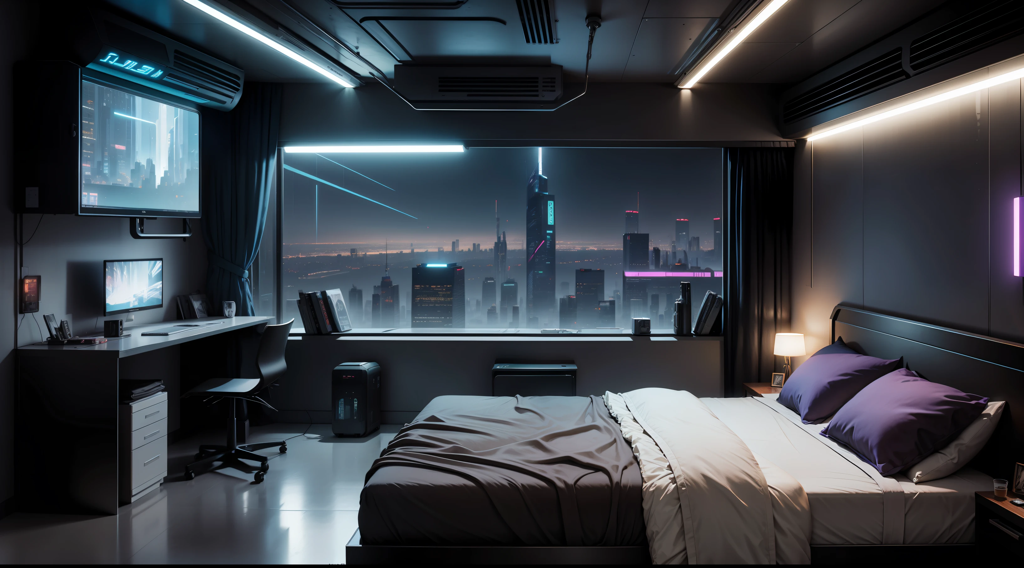 Quarto inspirado na tecnologia Cyberpunk，Cama com mesa，There is a cart on the table