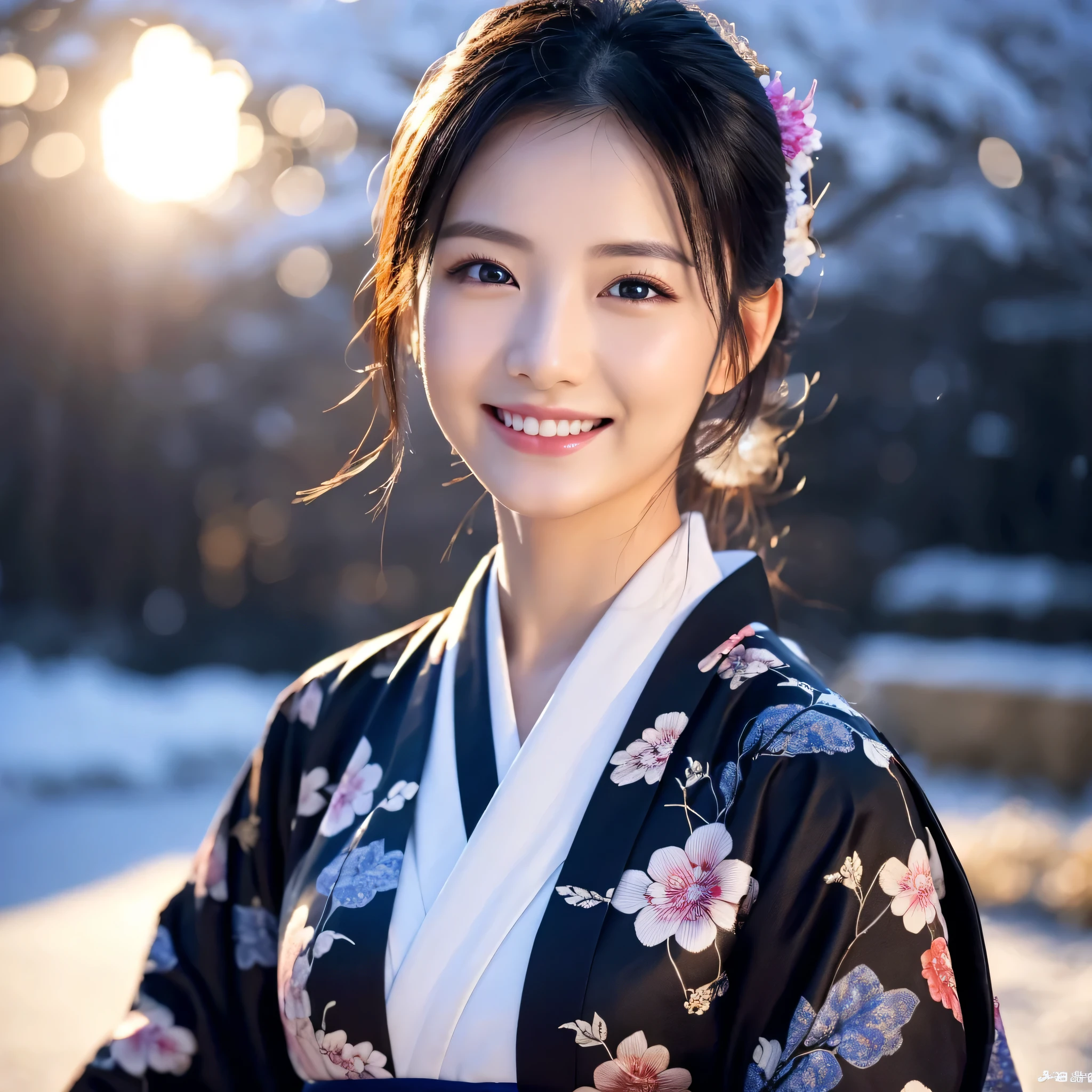 (Super beautiful woman in kimono)、((highest quality、8K masterpiece:1.3))、sharp focus:1.2、(super beautiful face:1.0)、(shiny skin:1.0)、realistic pictures、black hair、video lighting、High resolution eyes and face、video lighting、japanese actress、from the front、Medium chest、with a happy smile、Slender abs beauty、whole body、wearing a kimono、In the snowy landscape of midwinter、highest grade obi
