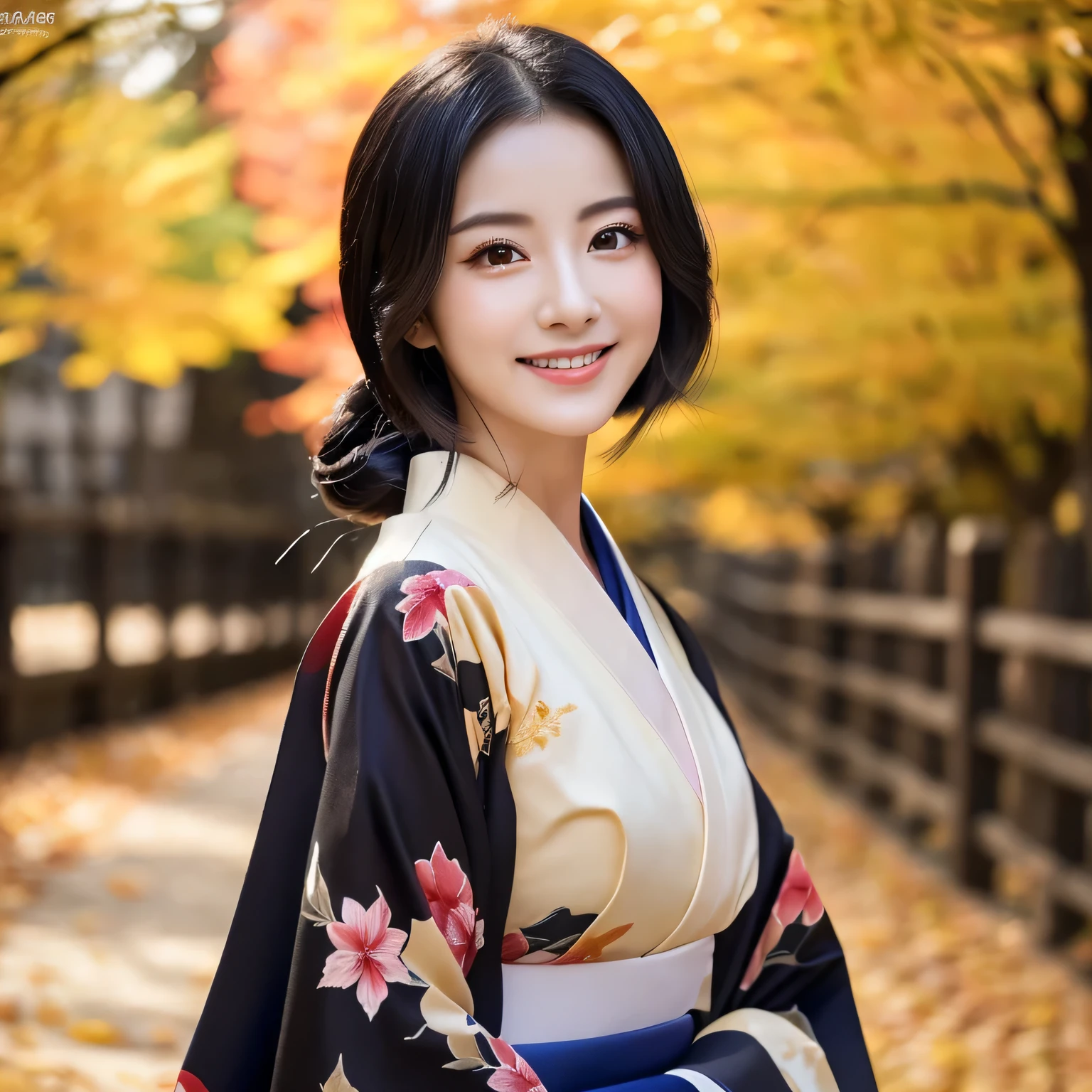(Super beautiful woman in kimono)、((highest quality、8K masterpiece:1.3))、sharp focus:1.2、(super beautiful face:1.0)、(shiny skin:1.0)、realistic pictures、black haired、video lighting、High resolution eyes and face、video lighting、japanese actress、from the front、Medium chest、with a happy smile、wearing a kimono、under the autumn leaves、highest grade obi