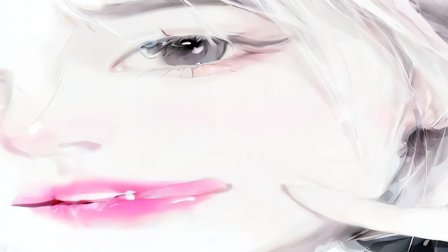 there is a woman with labios rosadostick and a black and white photo, hermosa cara de anime, cara suave de anime detallada, bonita cara de anime, impresionante retrato de cara de anime, Soft anime illustration, cara blanca, glowing cara blanca, cara de anime detallada, high cara detallada anime, cerrar la cara, cara blanca brillante, linda cara de anime natural, cara detallada ), labios rosados