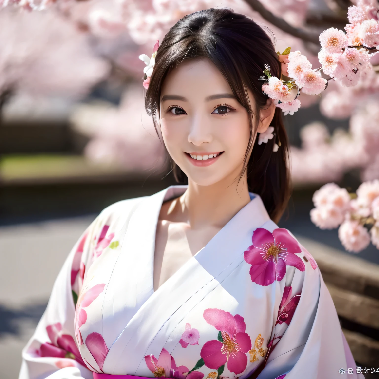 (Super beautiful woman in kimono)、((highest quality、8K masterpiece:1.3))、sharp focus:1.2、(super beautiful face:1.0)、(shiny skin:1.0)、realistic pictures、black hair、video lighting、High resolution eyes and face、video lighting、japanese actress、from the front、big breasts、with a happy smile、Slender abs beauty、whole body、wearing a kimono、cherry blossom in full bloom、luxury obi