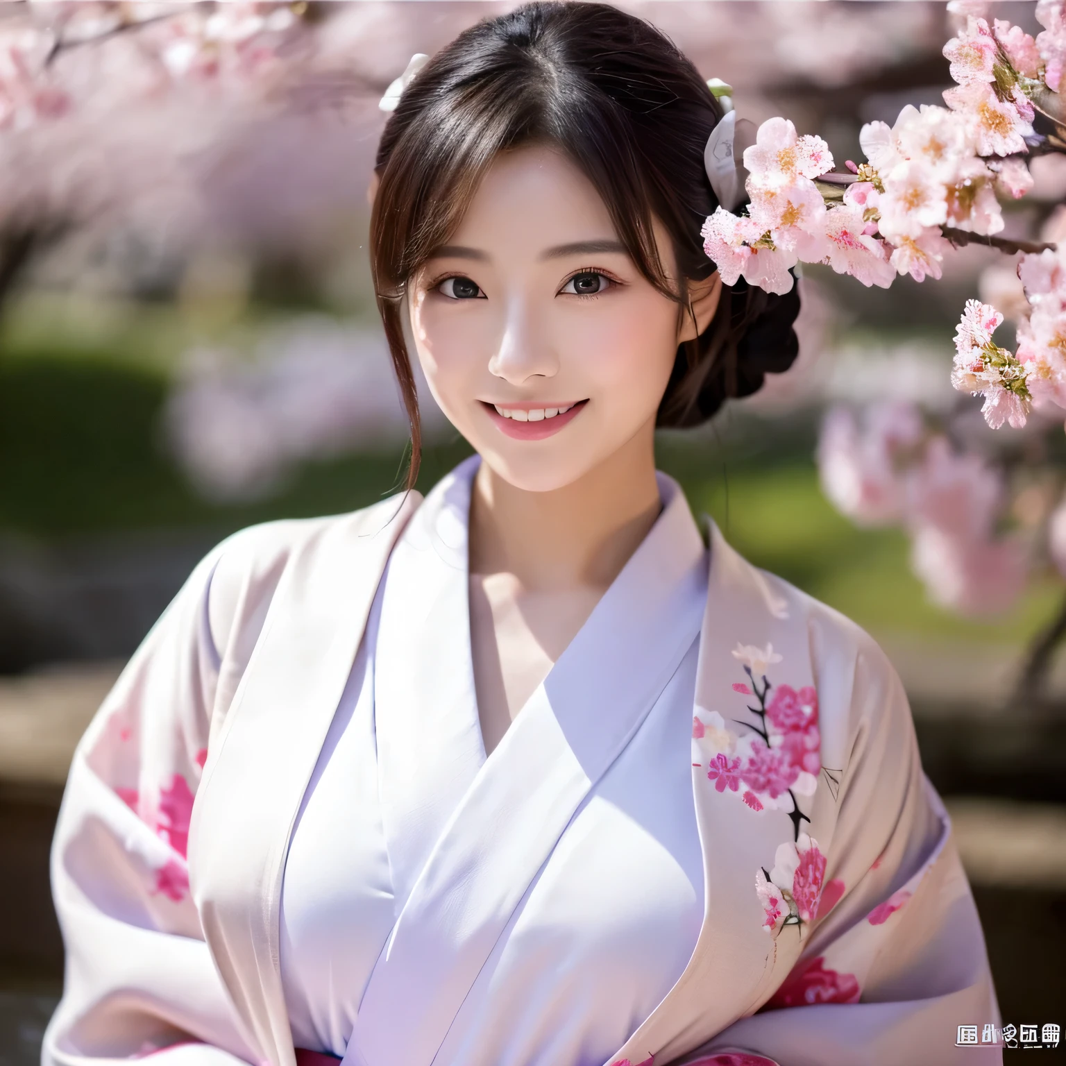 (Super beautiful woman in kimono)、((highest quality、8K masterpiece:1.3))、sharp focus:1.2、(super beautiful face:1.0)、(shiny skin:1.0)、realistic pictures、black hair、video lighting、High resolution eyes and face、video lighting、japanese actress、from the front、big breasts、with a happy smile、Slender abs beauty、whole body、wearing a kimono、cherry blossom in full bloom、luxury obi