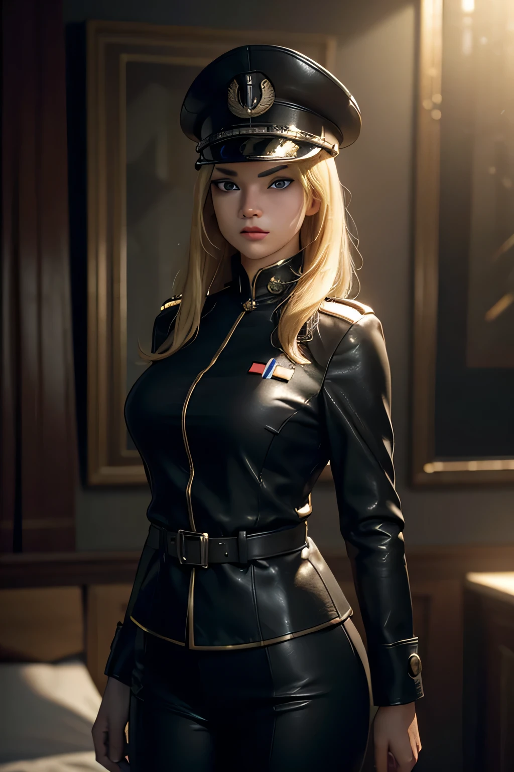 model style, (extremely detailed CG unity 8k wallpaper, Hasselblad Award winner), beautiful detailed portrait of a young blonde, young Nicole Kidman 20 years old, beautiful athletic girl in the uniform of the Soviet Union police, beautiful women's hands, beautiful fingers, wristwatch on a leather bracelet, high heels, tie, serious look, (NKVD style:1.4), stands in a provocative pose, provocative dominant position above camera, legs apart, legs apart, legs apart, sexuality, legs apart, pubis, panties, squatting, sexy look, cinematic lighting, ambient soft lighting, dramatic lighting, diffuse soft lighting, aviator style, (detailed background with red flags of the Soviet Union: 1.2), futuristic, imperial style, elite, rich, very detailed, intricate, sexy uniform, hot body, with a long light tail and a long (brown: 1.2) fur leather coat, (dark brown) leather jacket: 1.5), (weathered oily dirty damaged old worn leather jacket:1.3), ambient shading, curvature, artstation, cgsociety art, trends DeviantArt, 8k HD, masterpiece, high quality, sharp focus, ((Artgerm digital art)) and Greg Rutkowski and Alphonse Mucha, professional majestic oil painting by Ed Blinky, Ati Geylan, Studio Ghibli, Jeremy Manch, Greg Munches, Antonio Moro, trending on ArtStation, trending on CGSociety, Intricate, High Detail, Sharp focus, dramatic, photorealistic painting art by Midjourney and Greg Rutkowski