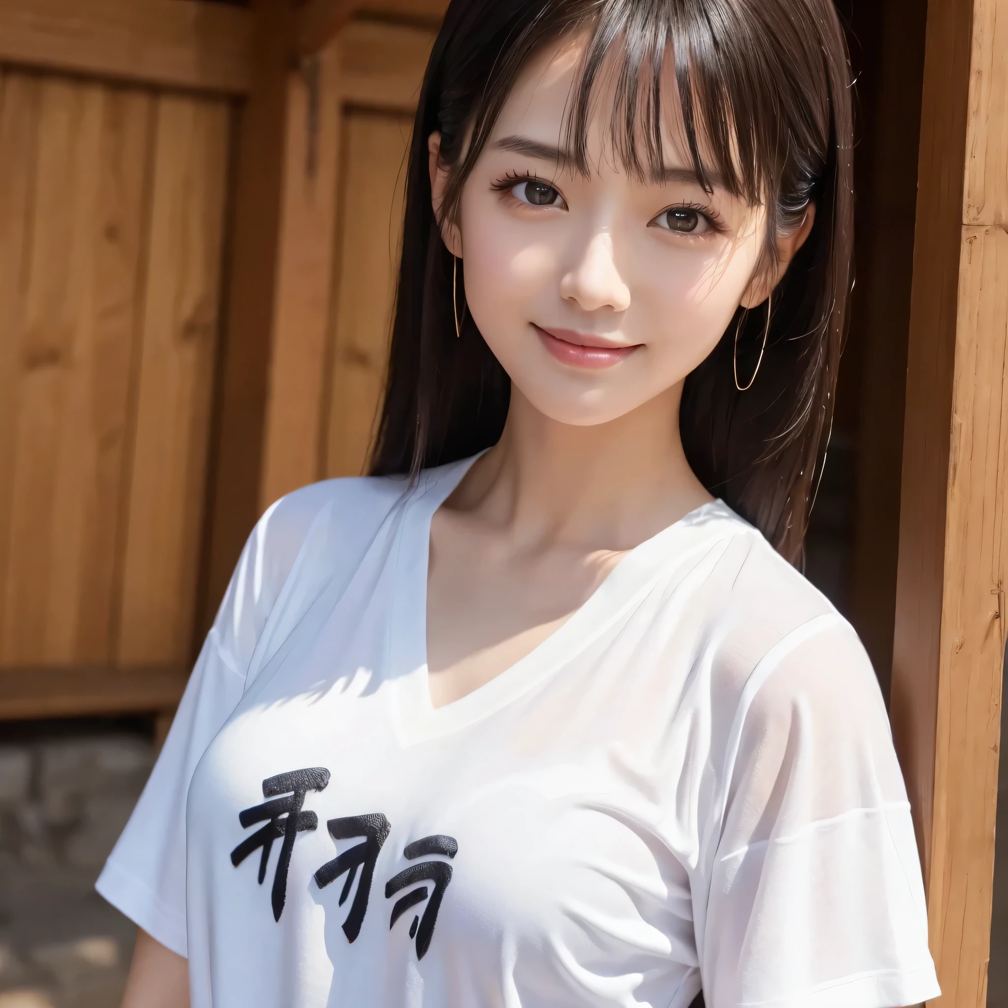 One beauty、((highest quality、8K masterpiece:1.3))、sharp focus:1.2、(super beautiful face:1.0)、(shiny skin:1.0)、realistic pictures、black hair、video lighting、High resolution eyes and face、video lighting、japanese actress、from the front、Medium chest、shy smile、Slender abs beauty、whole body、Kanji for Japan「kind」Wearing a T-shirt、At the shrine