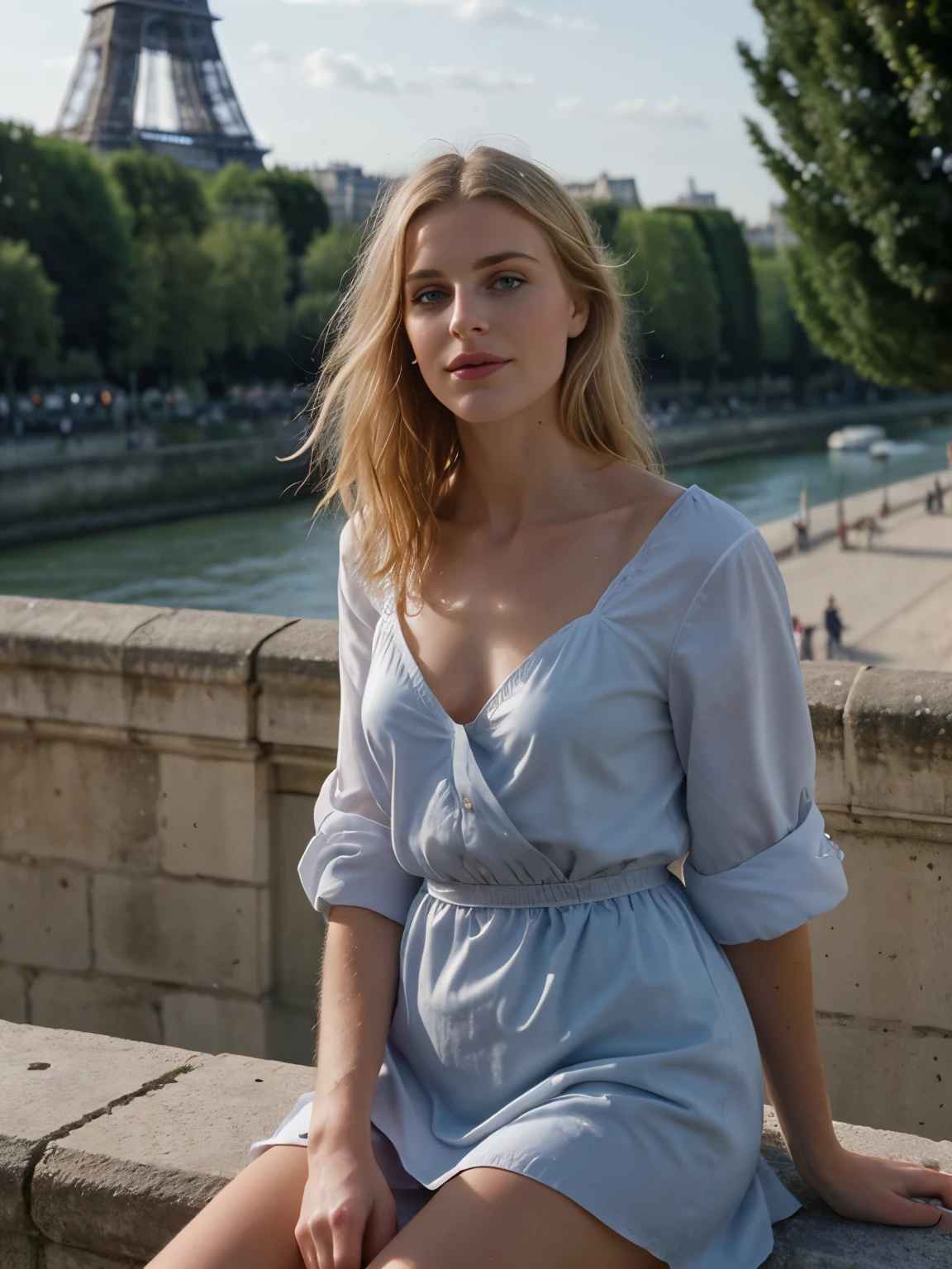 Photographie de 1 superbe fille de 23 ans , Porter est une robe de soirée avec un décolleté , cheveux blond , yeux bleus profonds, lèvres pulpeuses, ultra sexy, très attirante, très charmante, visage attirante addictif, très belle, en France avec la tour Eiffel , photo portrait, Souriant, regarder la caméra , Un éclairage spectaculaire, magnifique, (clivage profond), séance photo, occidental, (chef-d'œuvre), meilleure qualité, haute résolution, fond extrêmement détaillé, Peau avec pores, , éclairage cinématographique Terminé