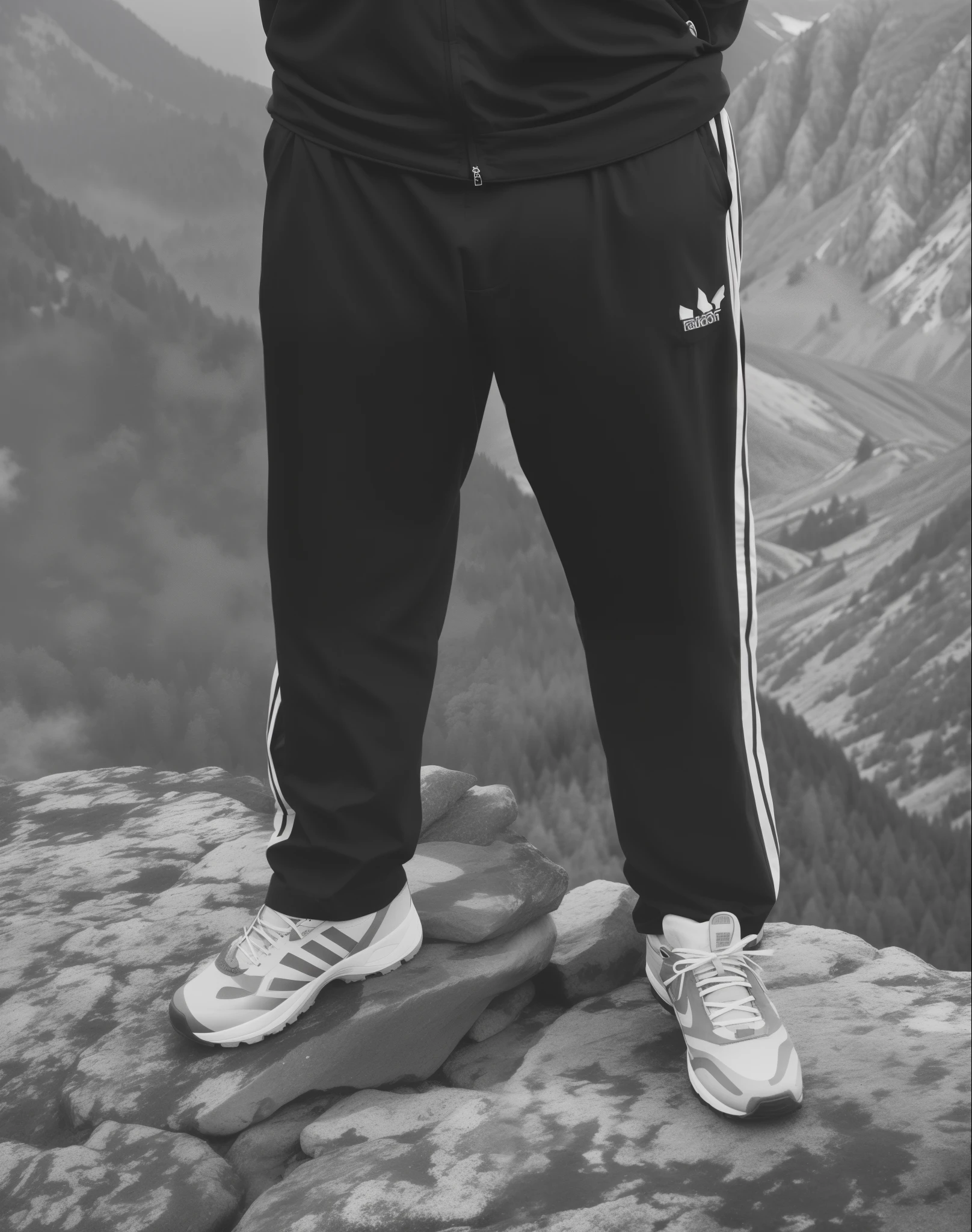 A man stands on a stone against the backdrop of forest and mountains