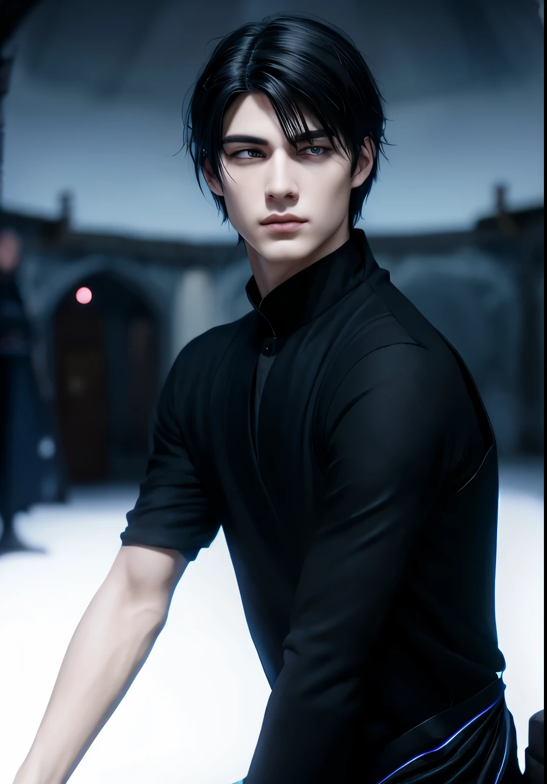 Cartoon realistic, medieval, dark background, young male in his 20's, soft and Androgynous asian features, described as having sleek, short black hair, a pale complexion, pointy nose and sharp dark eyes. He carries an air of arrogance, wearing distinctive black medieval clothing. His demeanor and appearance reflect his pure-blood heritage