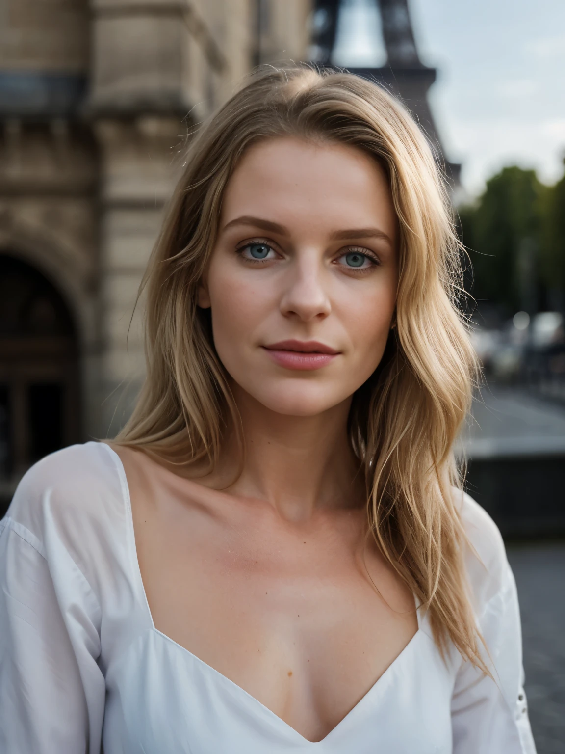 Photographie de 1 superbe fille de 23 ans , Porter est une robe de soirée avec un décolleté , cheveux blond , yeux bleus profonds, lèvres pulpeuses, ultra sexy, très attirante, très charmante,  visage attirante addictif, très belle, en France avec la tour Eiffel , photo portrait, Souriant, regarder la caméra , Un éclairage spectaculaire, magnifique, (clivage profond), séance photo, occidental, (chef-d&#39;œuvre), meilleure qualité, haute résolution, fond extrêmement détaillé, Peau avec pores, , éclairage cinématographique Terminé