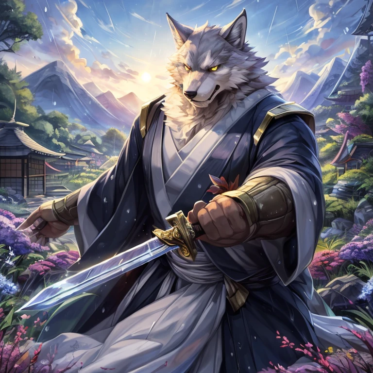 male, furry, big wolf, handsome, majestic wolf, Komamura Sajin, Bleach, very muscular, yellow eyes, (detailed wolf eyes:1.2) thick eyebrows, confident,, anthro, high res, (detailed realistic image:1.3), (detailed eyes, beautiful expressive eyes:1), impasto impressionism, insane details, soft, (hyper realistic fur:1.2), (detailed fur:1.upil covered body:1.2), (male:1), (expressive face, detailed face:1) ((( POV ))), (((full body view))) cream fur, white beard, overweight male, white belly, big male, mature male, ( pattern shorts,) mystikfox61, by darkgem, by glitter trap boy, by bebebebebe, by null-ghost, by morethreedee, by seibear, ), Low Light: 1.2) masterpiece, best quality, ultra realistic ( 8k, UHD, Gorgeous Light and Shadows, Detailed facial portrayal, highest quality, masterpiece, ultra high detailed, official art, utra detailed, deep shadows, dynamic shadows, HDR, deep of field, utra detailed fur, maximum focus, depth of field, perfect lighting, light particleest quality, ultra detailed body, cinematic, sharp focus, correct anatomy, right hands, correct hands, correct head, detailed background, (Sajin training in rainy garden, dynamic pose, sword training in rain, dynamic, training pose, ( rainy garden with flowers, japanese anime countryside landscape, painted in anime painter studio, beautiful anime scene, anime background art, beautiful anime scenery, anime beautiful peace scene, made with anime painter studio, japanese anime scenery, japanese anime nature, floral environment, scenery art detailed, digital painting highly detailed, scenery artwork, anime landscape, highly detailed digital painting, sword training, dynamic training pose, cloud day, rainy day,  )